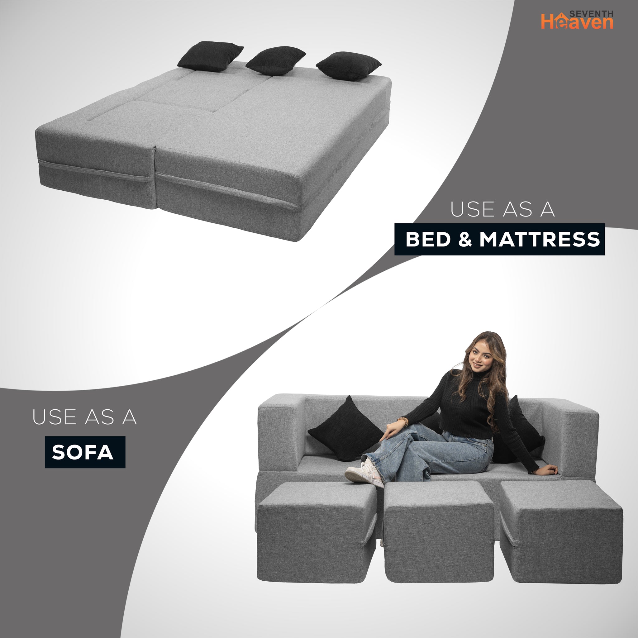 Flipper X Sofa Cum Bed - 3 Seater With 3 Ottoman - Plain Cushions ( Jute Fabric, Light Grey )