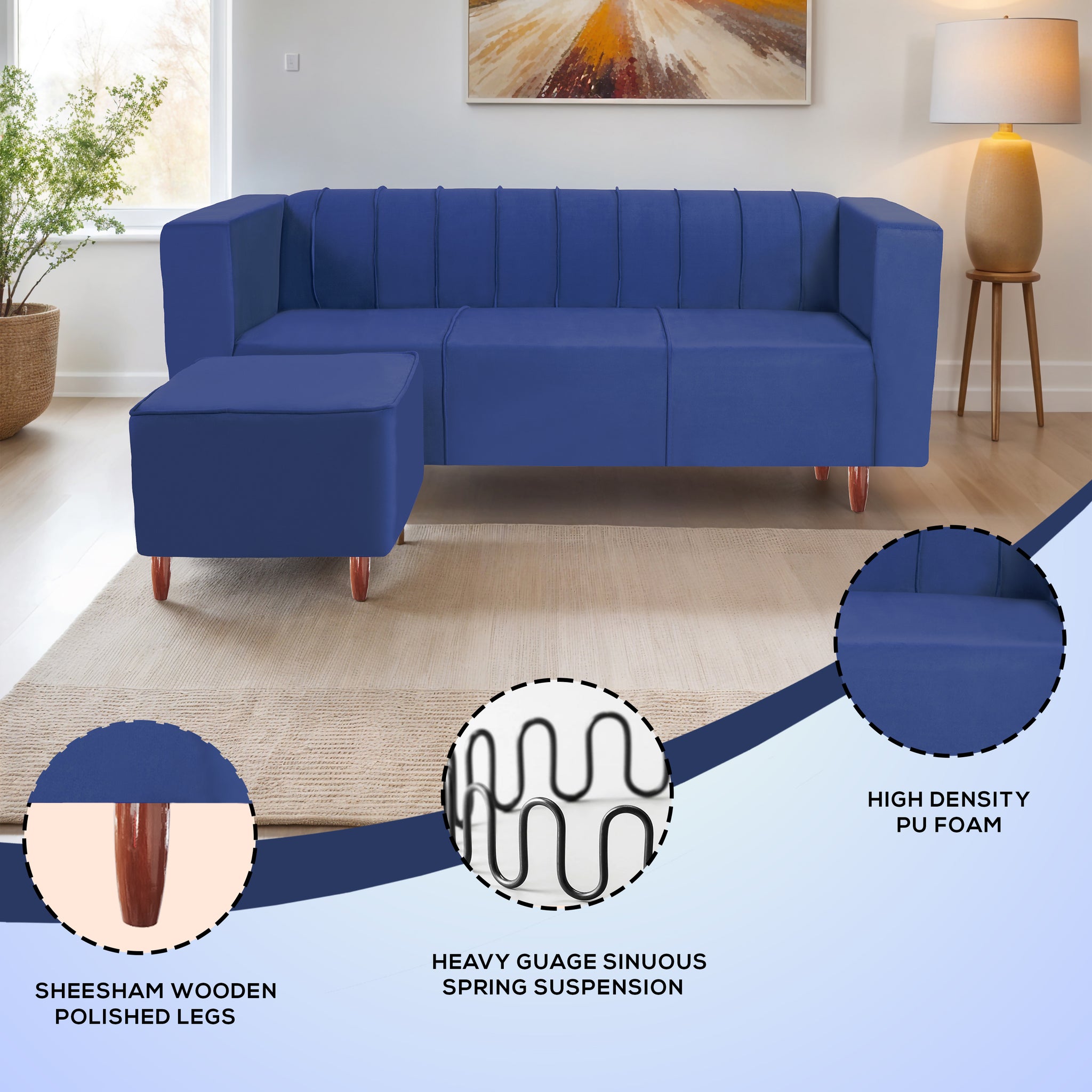 Sydney 4 Seater Sofa with Ottoman- ( Premium Holland Fabric- Blue )