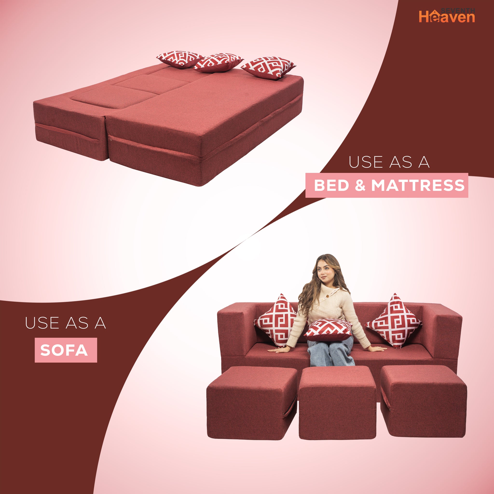Flipper X Sofa Cum Bed - 3 Seater With 3 Ottoman - Printed Cushions ( Jute Fabric, Maroon )