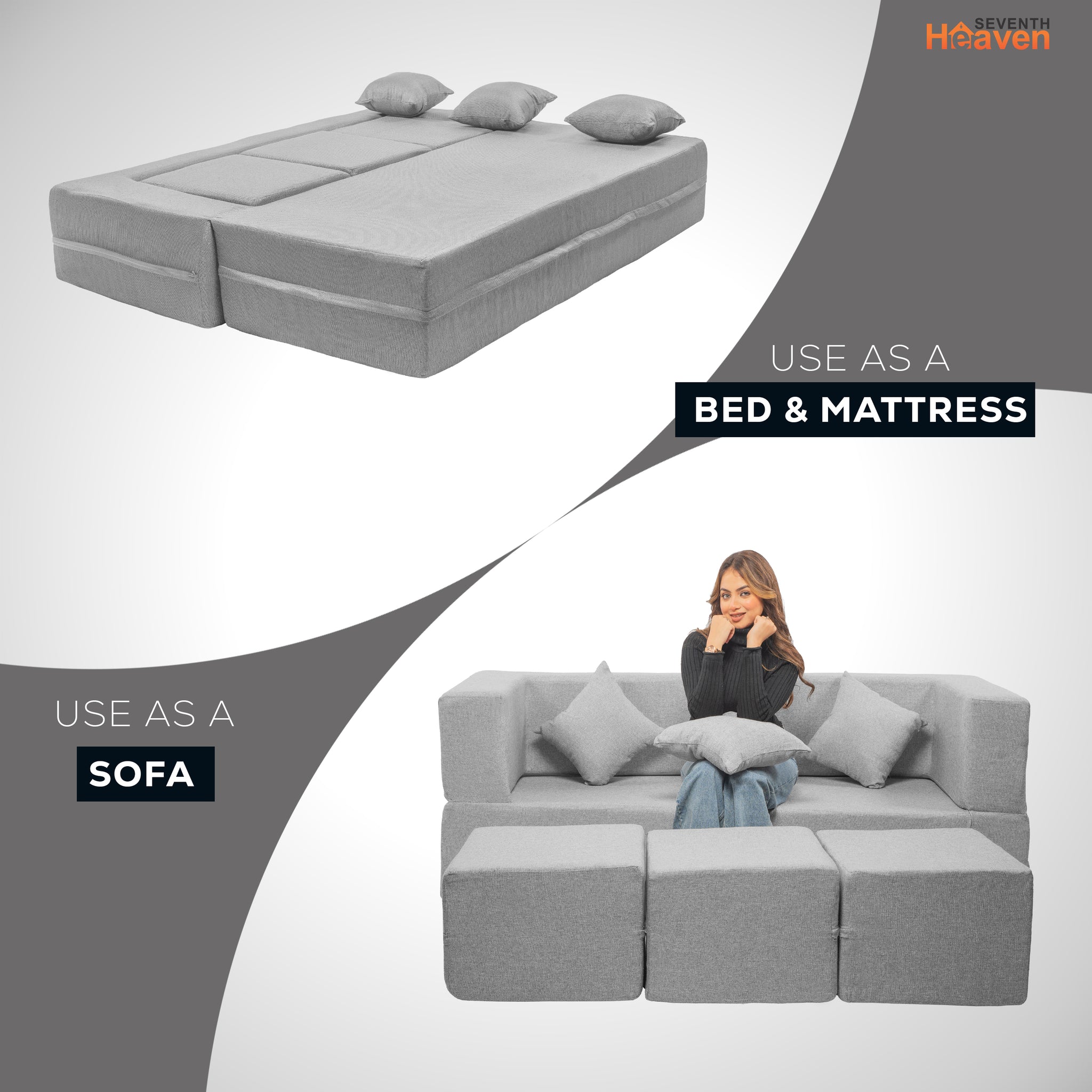Flipper X Sofa Cum Bed - 3 Seater With 3 Ottoman - Plain Cushion (Jute Fabric, Light Grey )