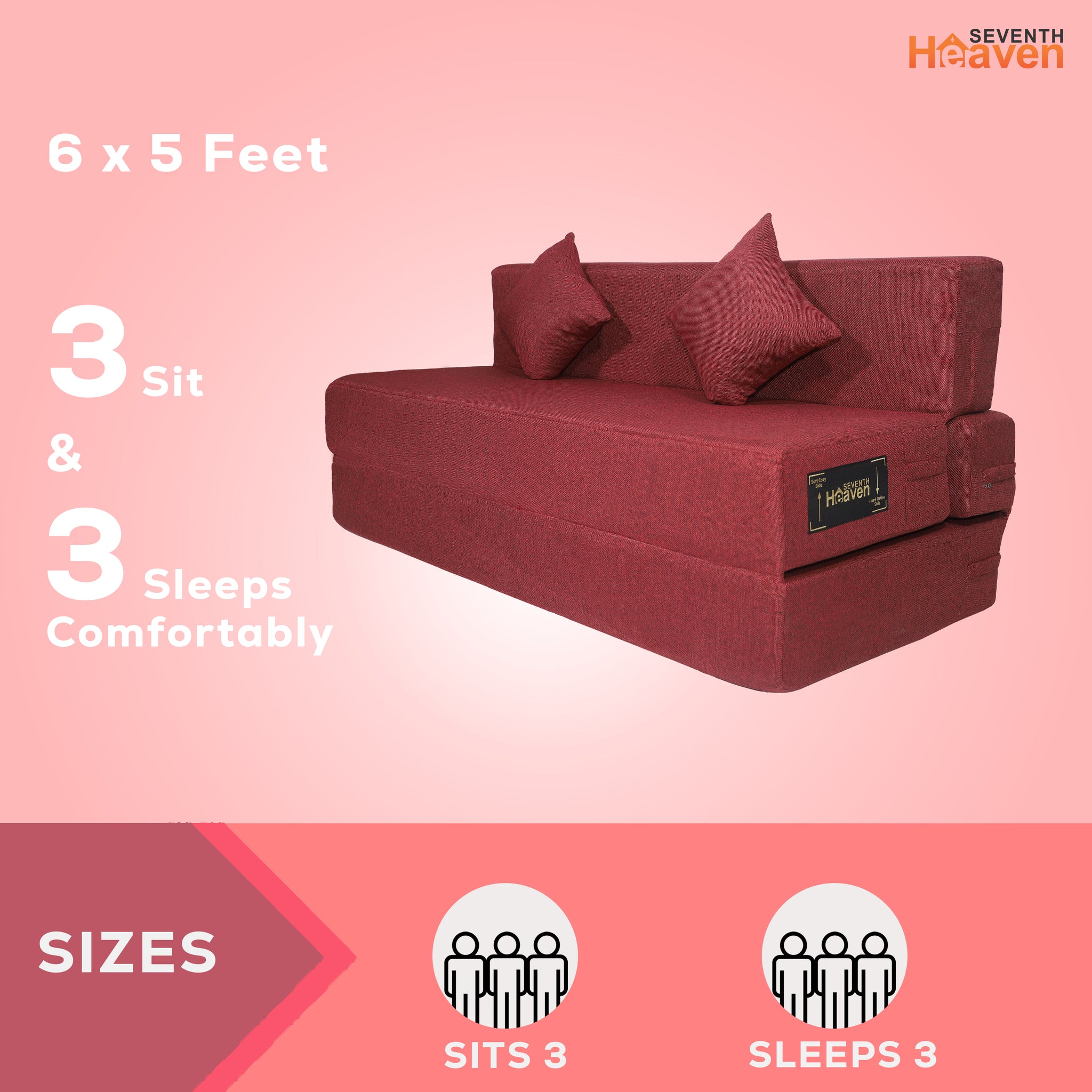 Seventh Heaven 3 Seater 6×5  Premium Jute Fabric Washable Cover Sofa cum Bed 3 Seater Double Foam Fold Out Sofa  Bed With 2 Same Cushions (Finish Color - Maroon Delivery Condition - Pre-assembled)