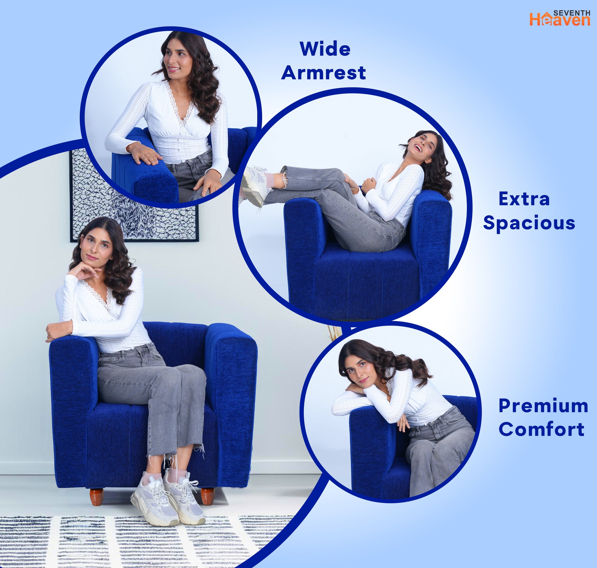 Tokyo 1 Seater Sofa- ( Premium Molfino Fabric- Blue )