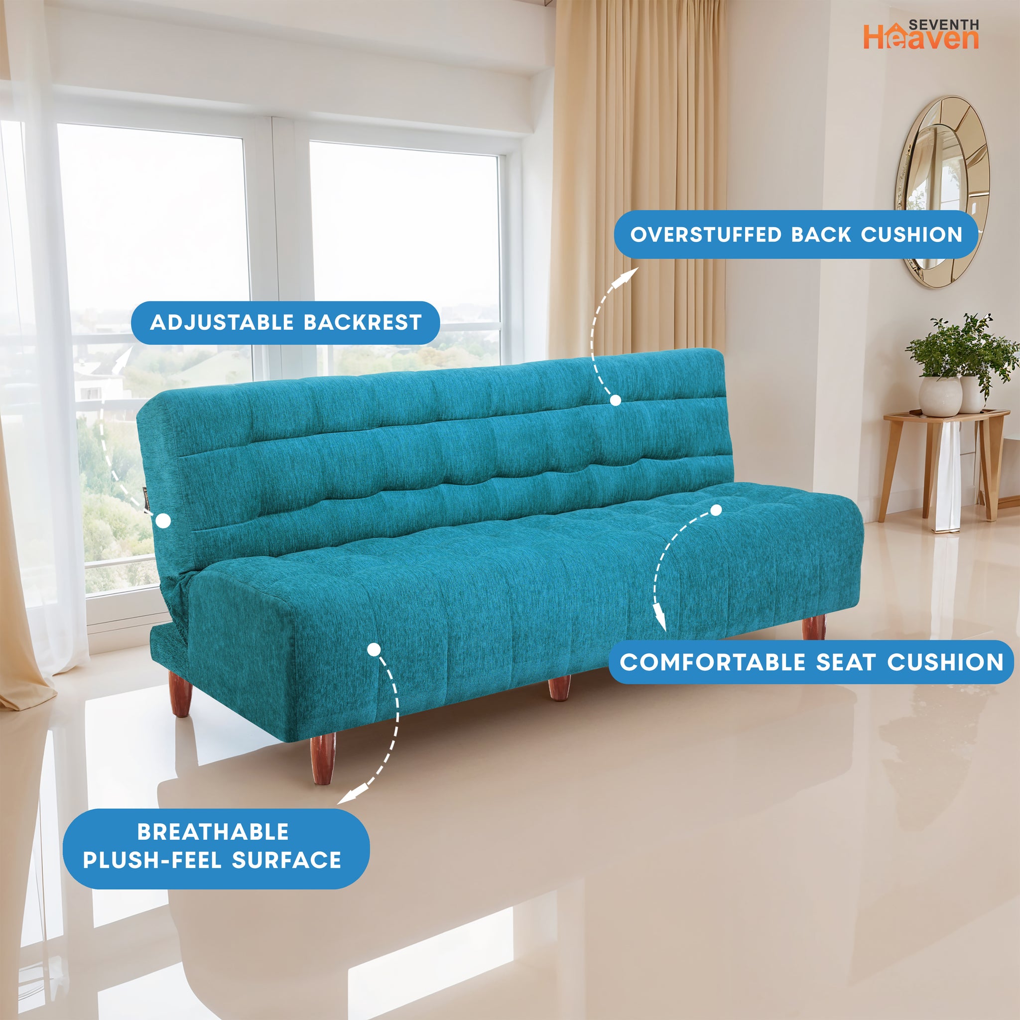 Florida Neo 3 Seater Wooden Sofa Cum Bed - ( Premium Molfino Fabric- Sky Blue )