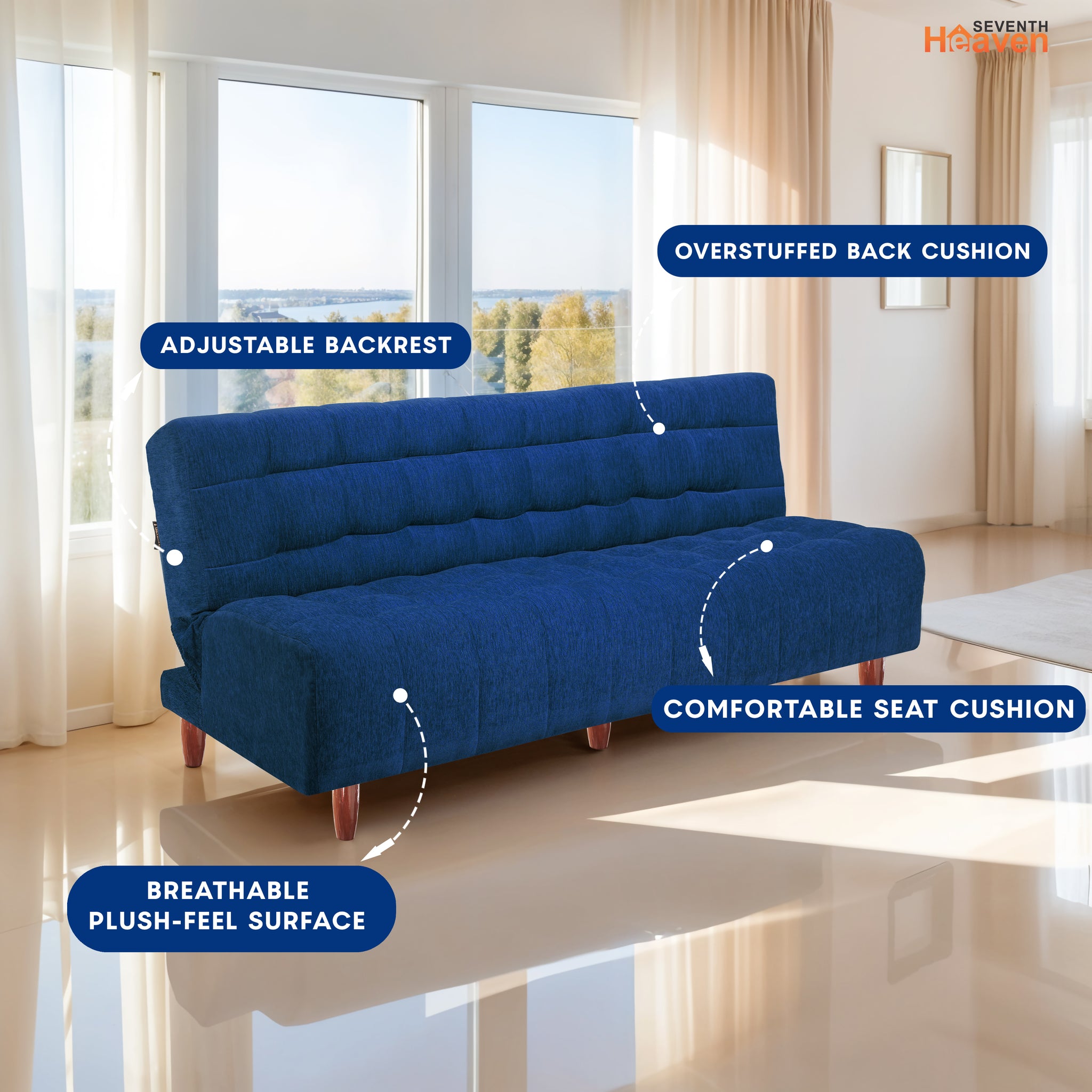 Neo Florida 3 Seater Wooden Sofa Cum Bed - ( Premium Molfino Fabric- Blue )