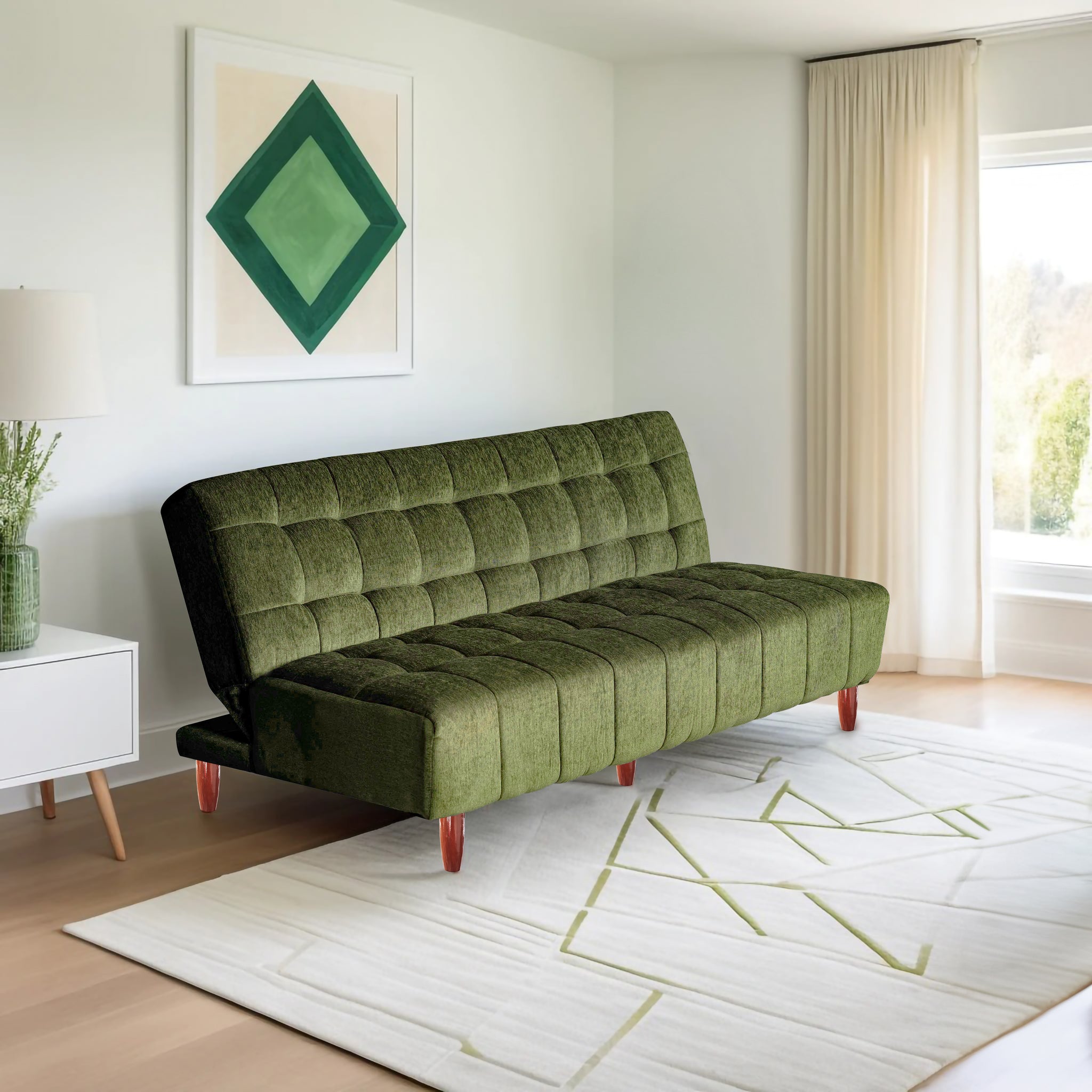 Florida 4 Seater Wooden Sofa Cum Bed - ( Premium Molfino Fabric- Green)