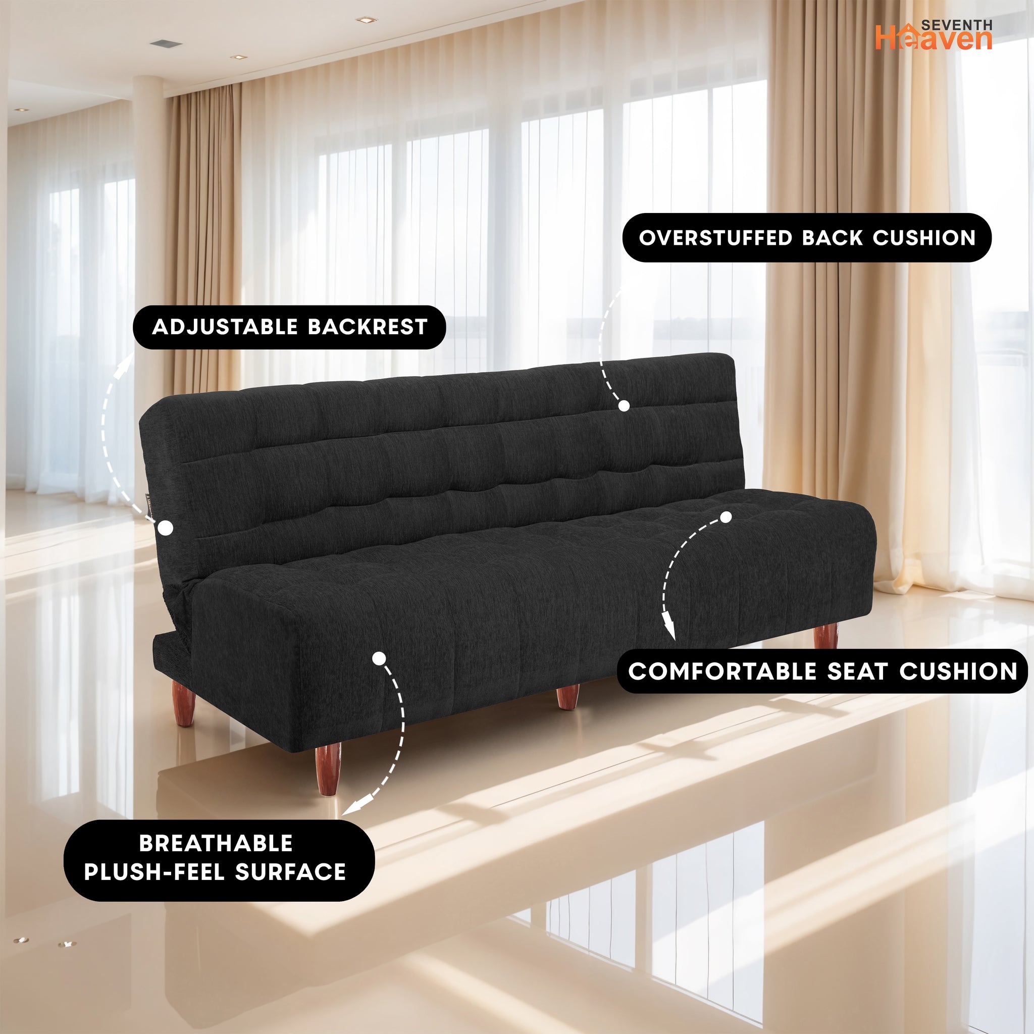 Florida Neo 3 Seater Wooden Sofa Cum Bed - ( Premium Molfino Fabric- Black )