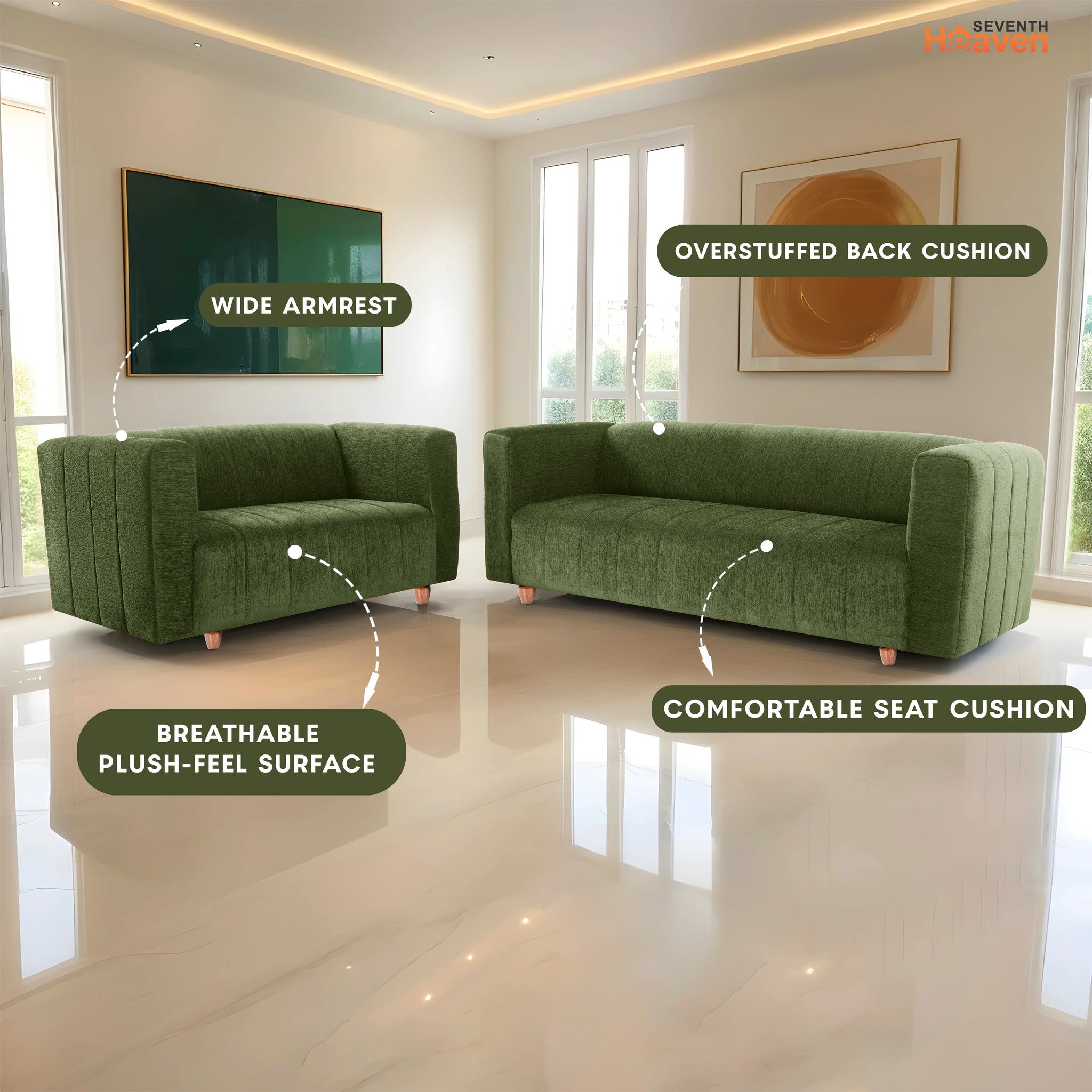 Tokyo 5 Seater Sofa- (3+2) ( Premium Molfino Fabric - Green)