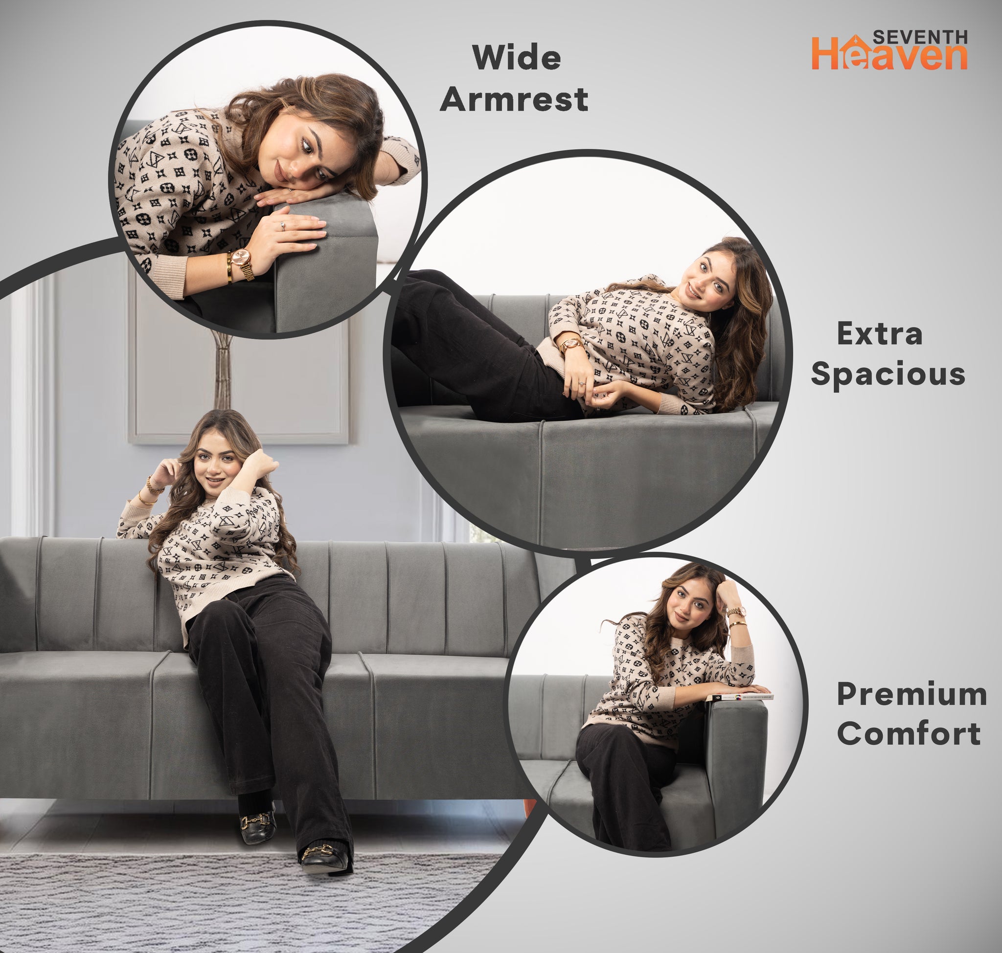 Sydney 3 Seater Sofa- ( Premium Holland Fabric- Grey )