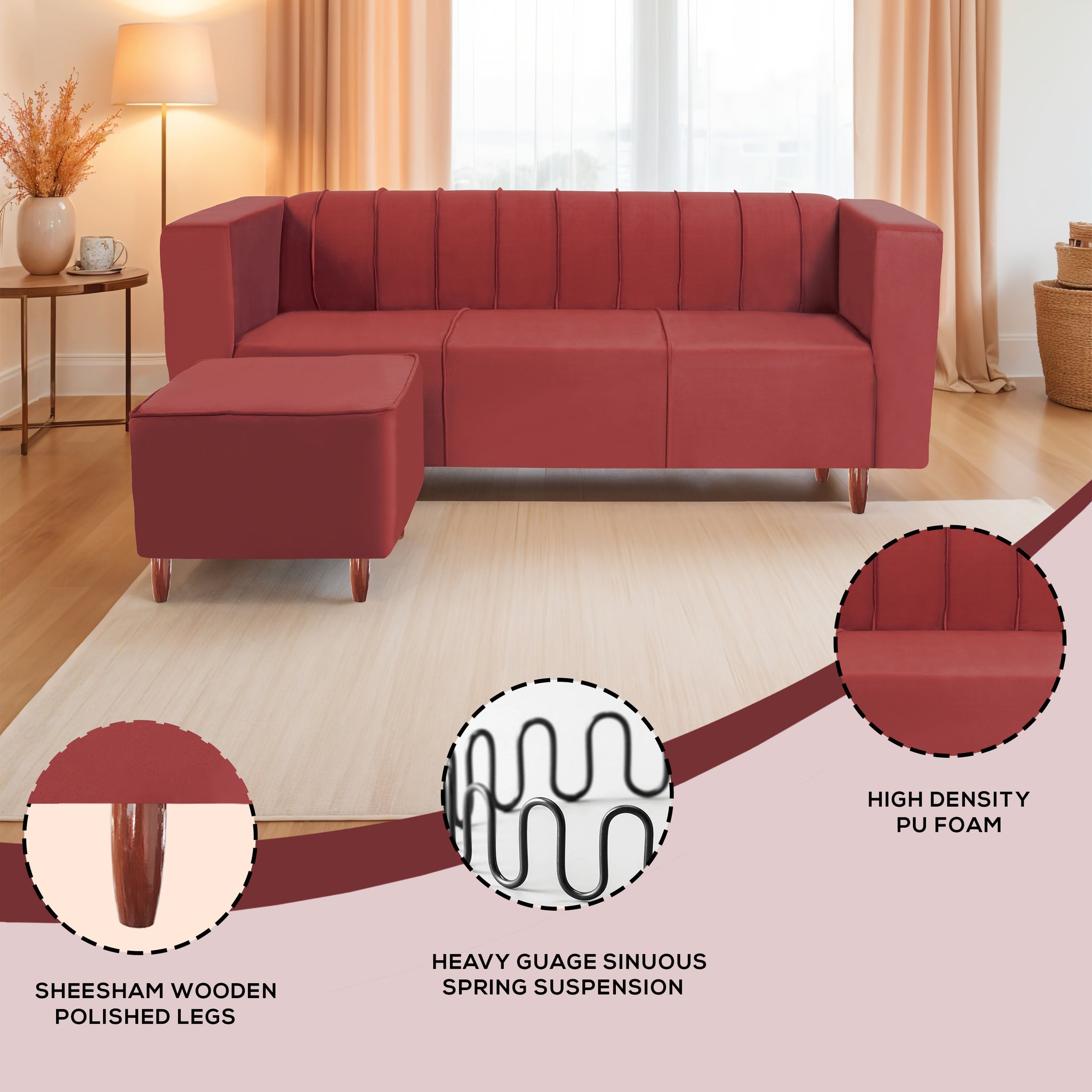 Sydney 4 Seater Sofa with Ottoman- ( Premium Holland Fabric- Maroon )