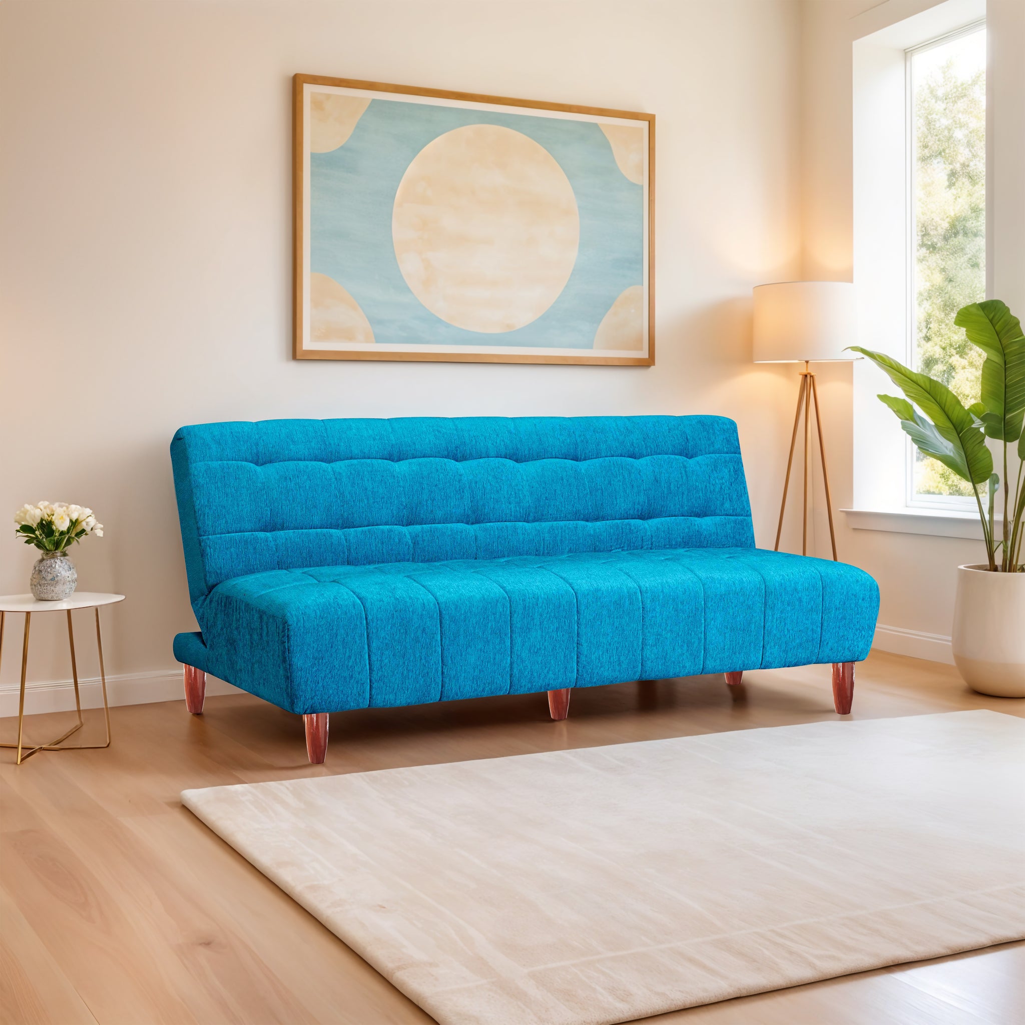 Florida 3 Seater Wooden Sofa Cum Bed - ( Premium Molfino Fabric- Sky Blue )