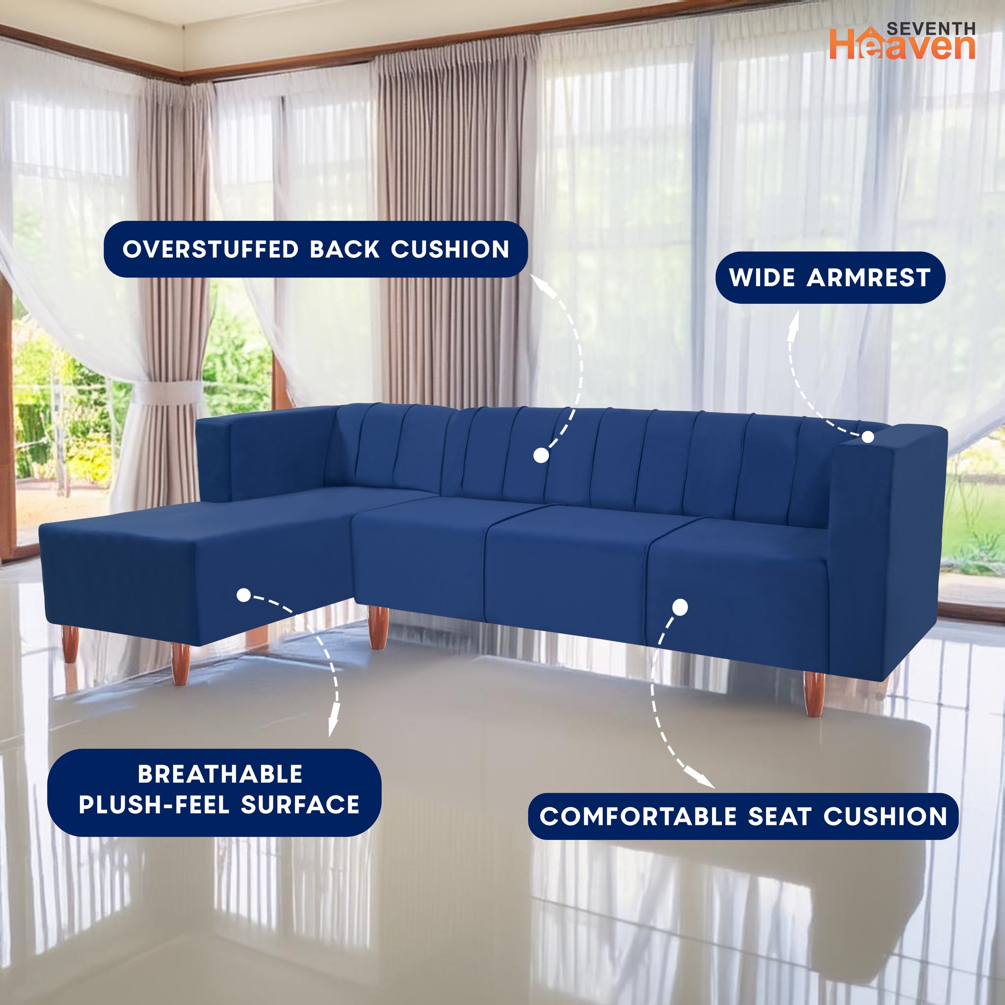 Sydney 6 Seater sofa left corner- ( Plush Suede Fabric- Blue )
