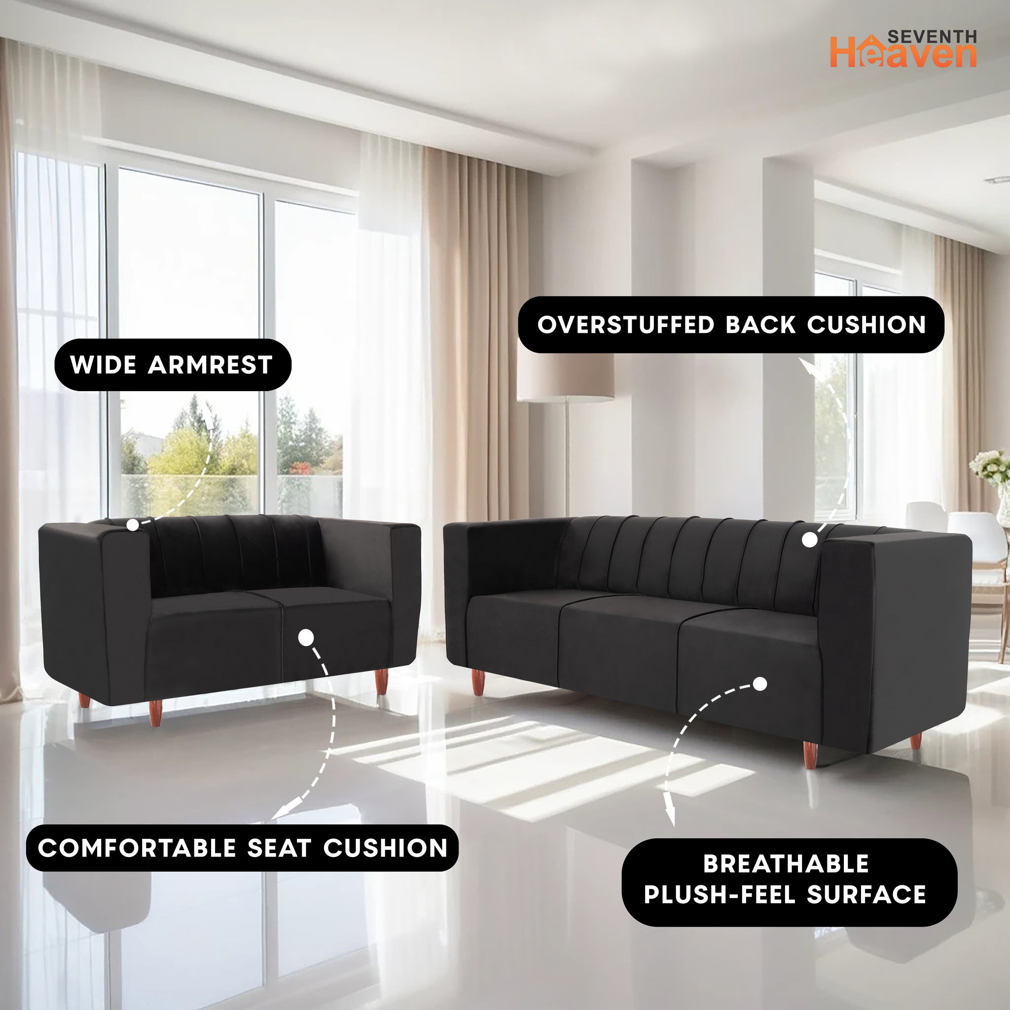 Sydney 5 Seater Sofa- (3+2) ( Premium Holland Fabric - Black)