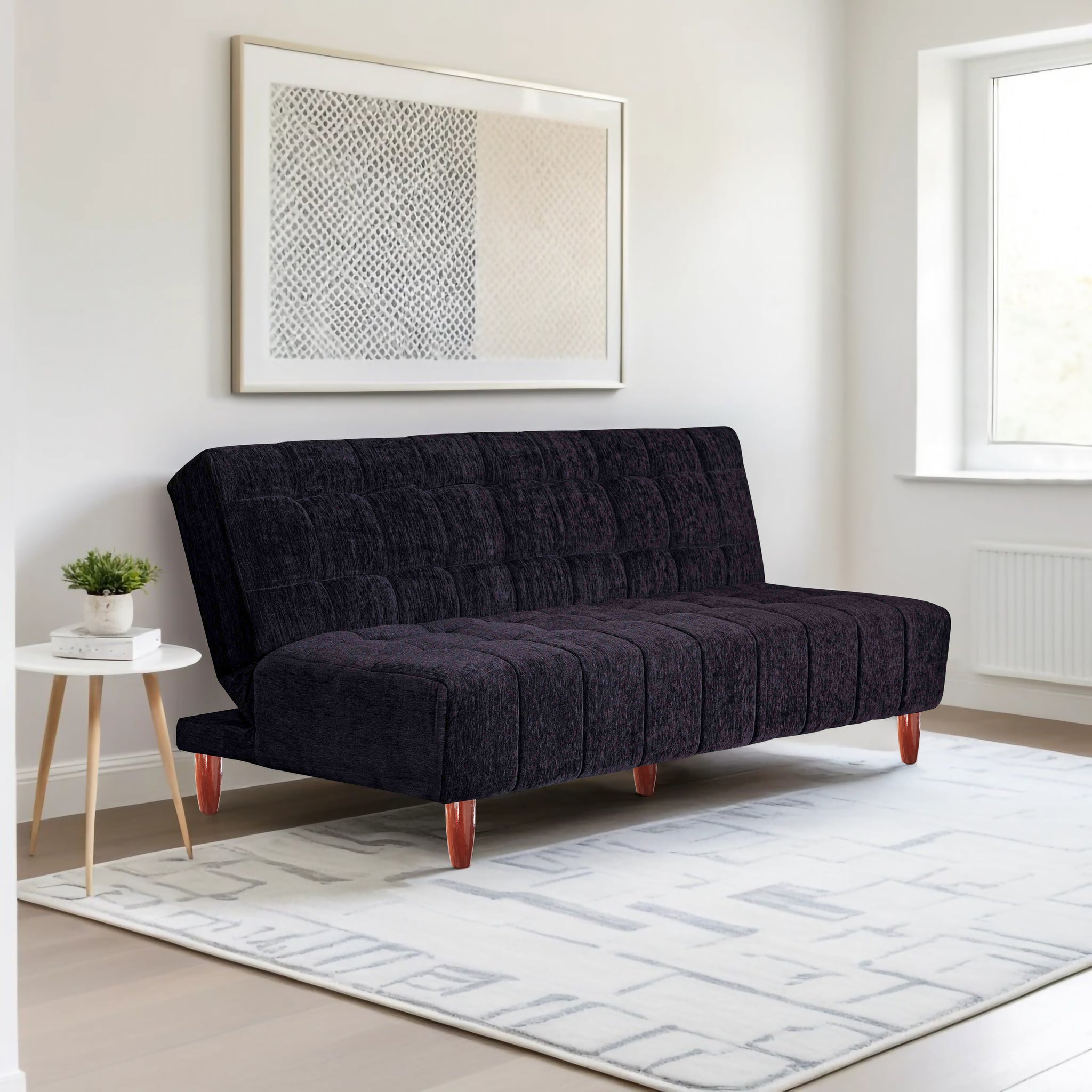 Florida 3 Seater Wooden Sofa Cum Bed - ( Premium Molfino Fabric- Black )