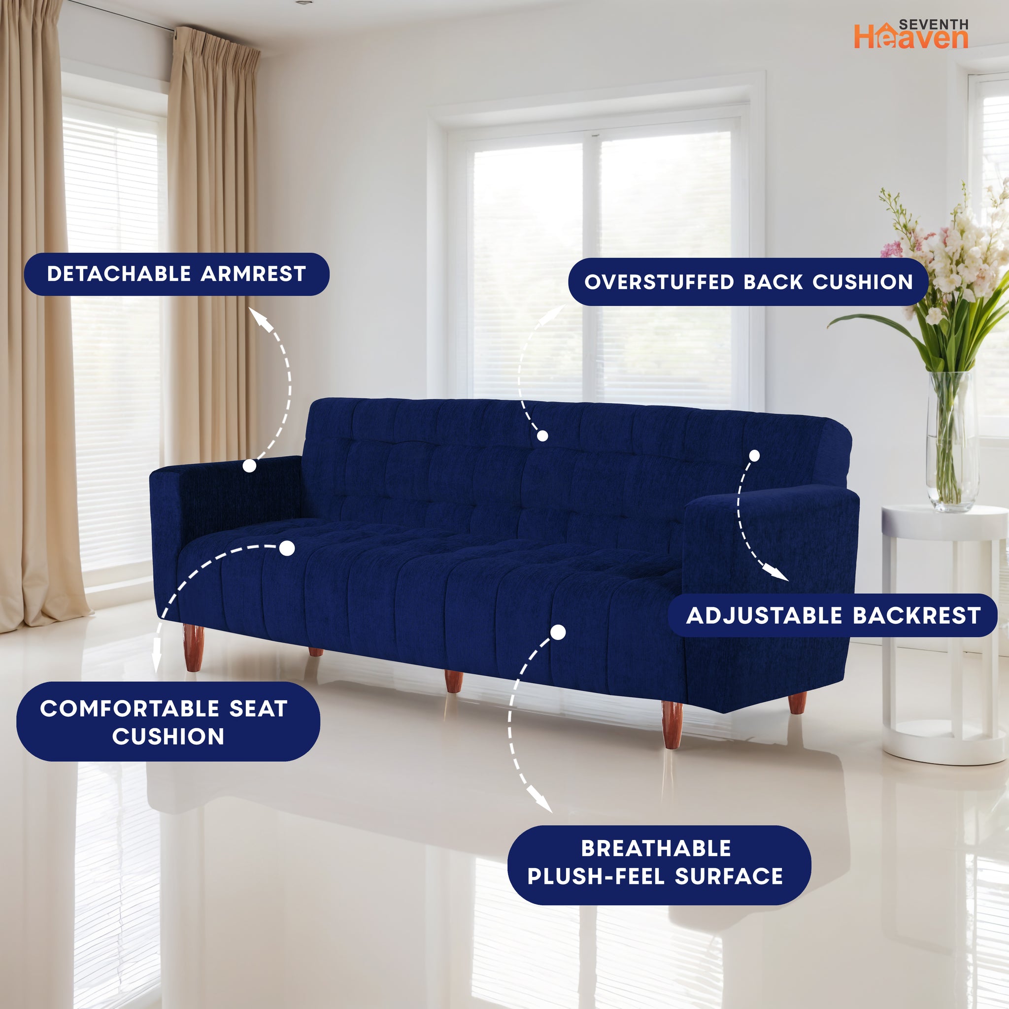 Lisbon Neo 4 Seater Wooden Sofa Cum Bed - ( Premium Molfino Fabric- Blue )