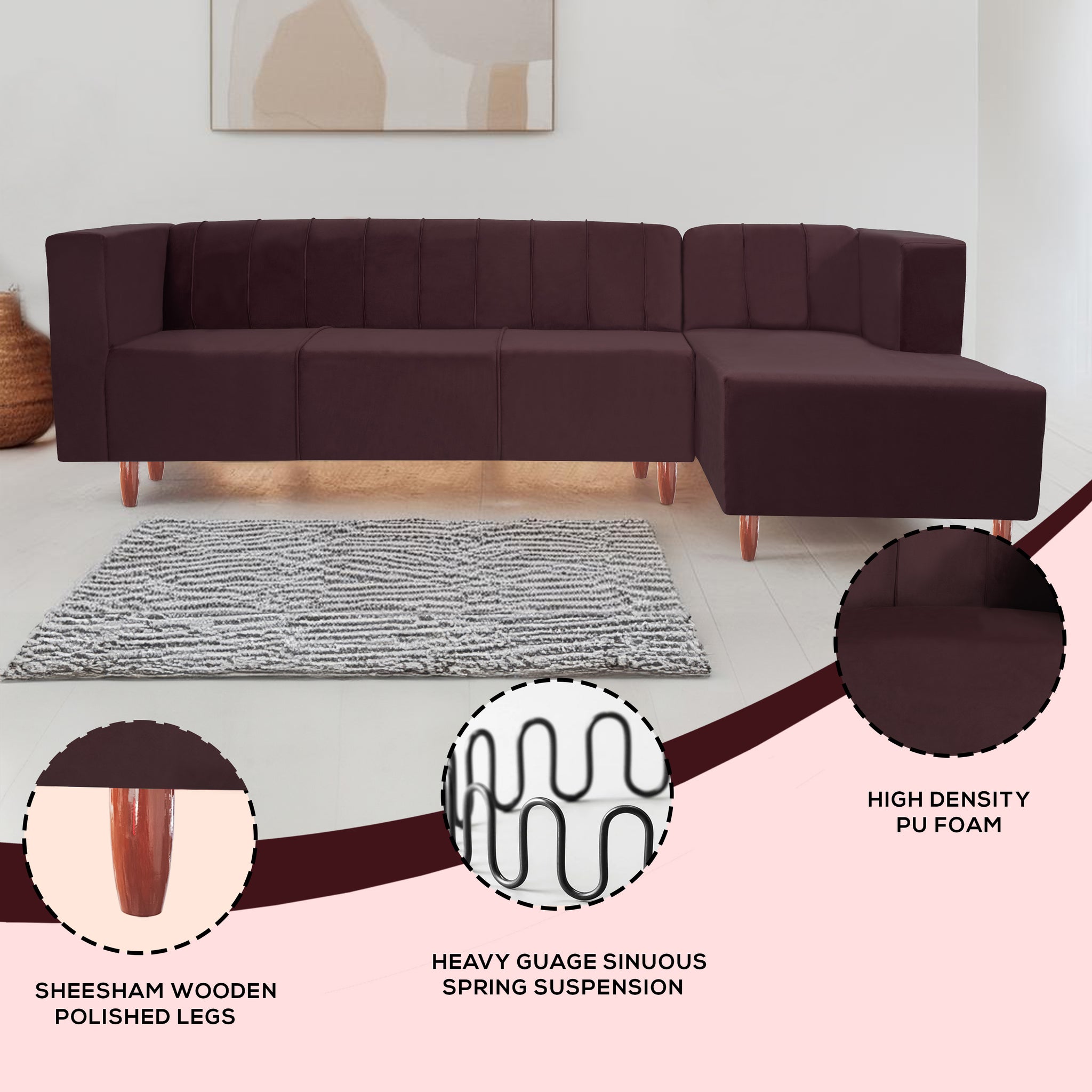 Sydney 6 Seater Sofa Right Corner- ( Polyster Holland Fabric- Brown )