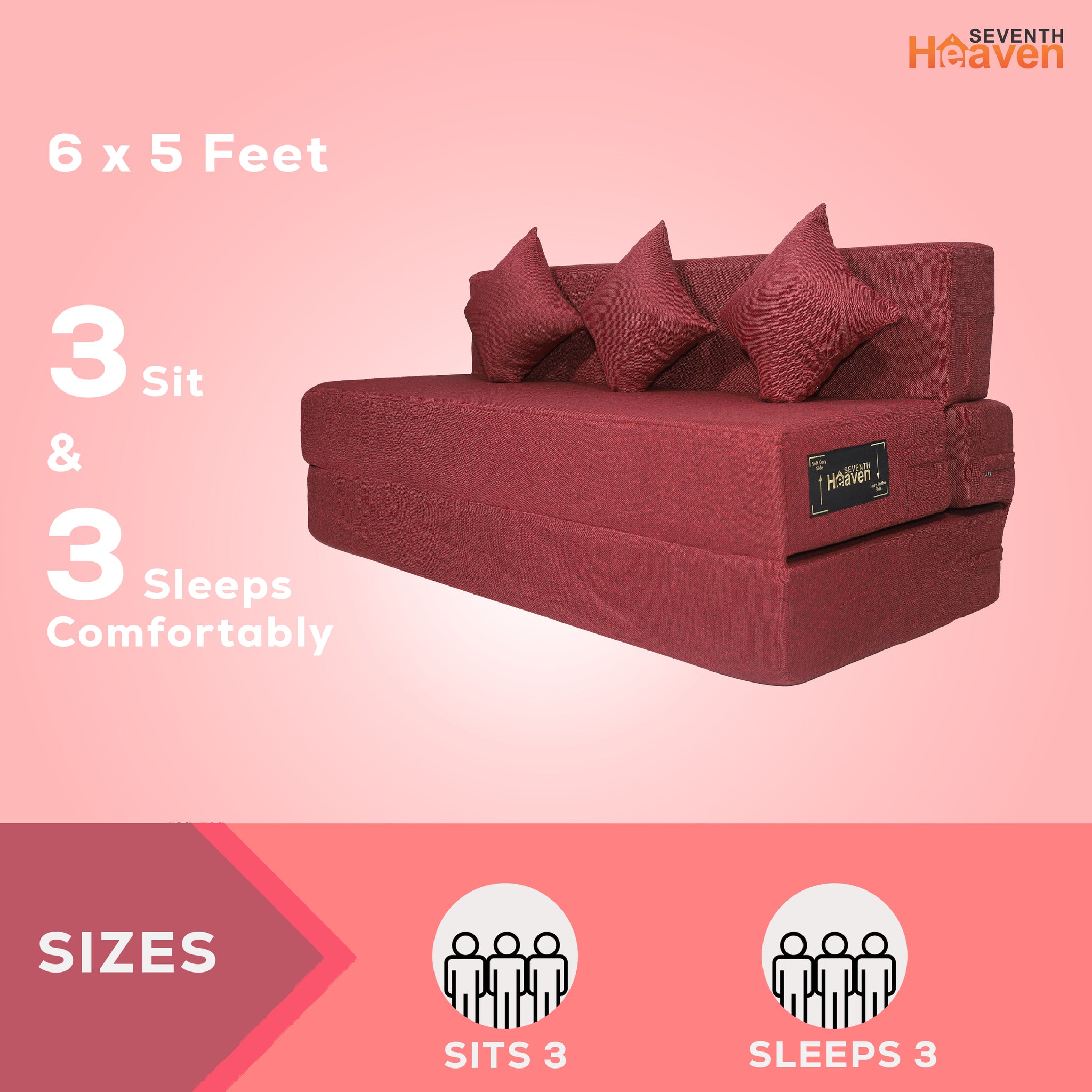 Seventh Heaven 4 Seater 6×6  Premium Jute Fabric Washable Cover Sofa cum Bed 4 Seater Double Foam Fold Out Sofa  Bed With 3 Same Cushions (Finish Color - Maroon Delivery Condition - Pre-assembled)