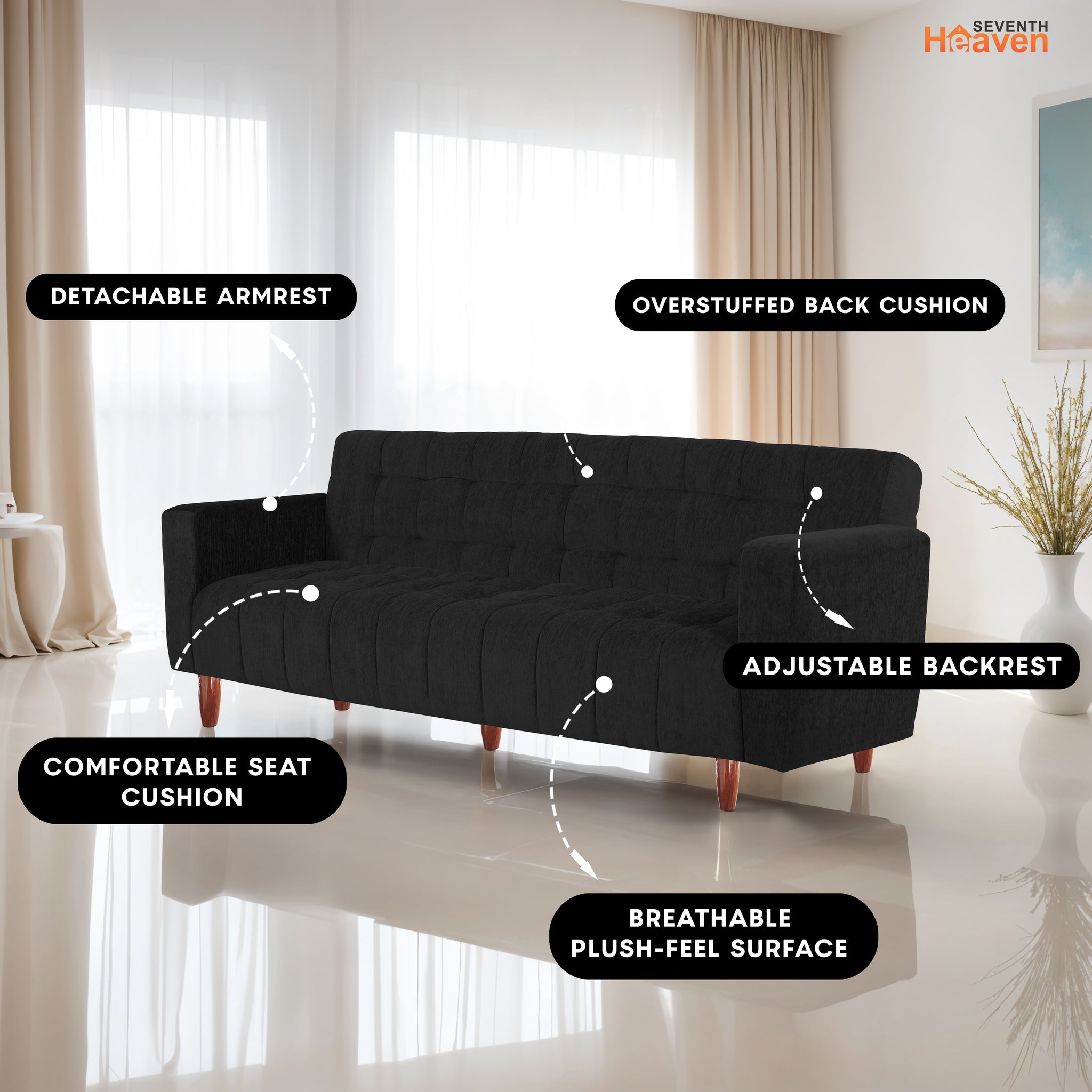 Lisbon Neo 4 Seater Wooden Sofa Cum Bed - ( Premium Molfino Fabric- Black )