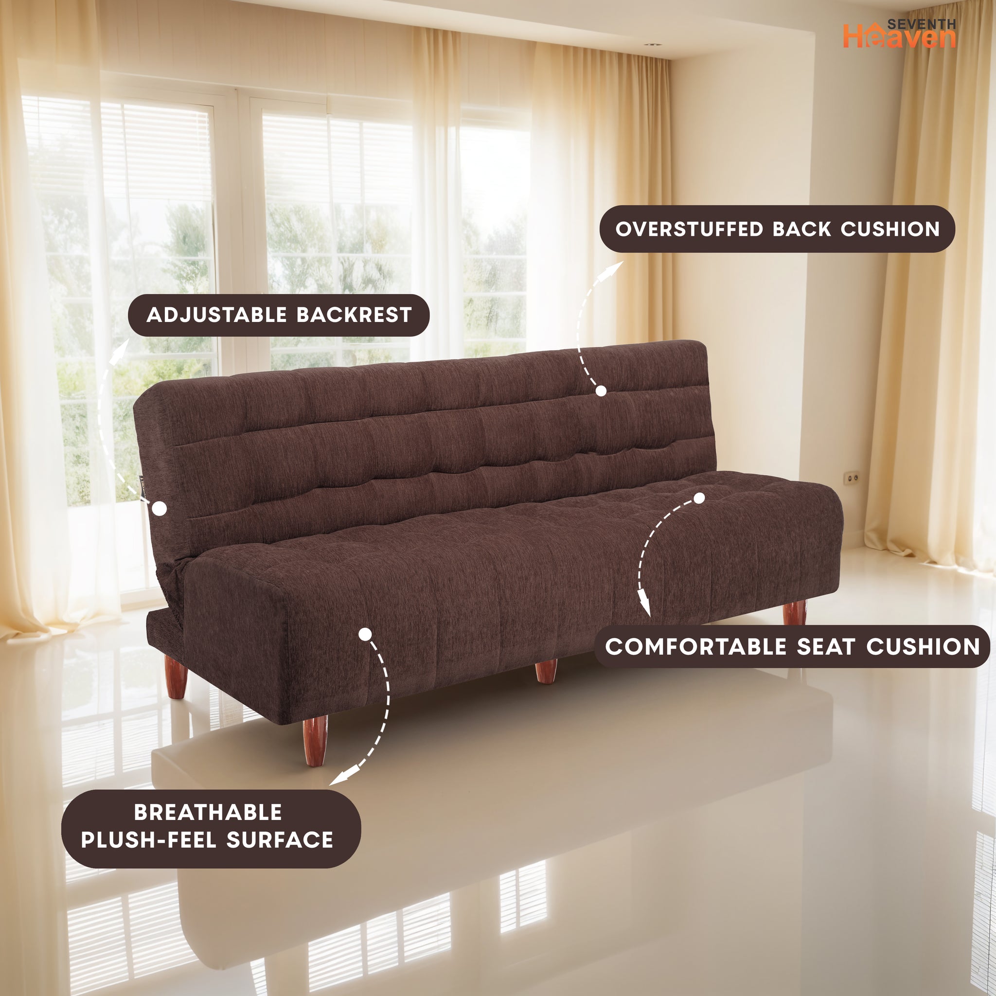 Florida Neo 4 Seater Wooden Sofa Cum Bed - ( Premium Molfino Fabric- Brown )