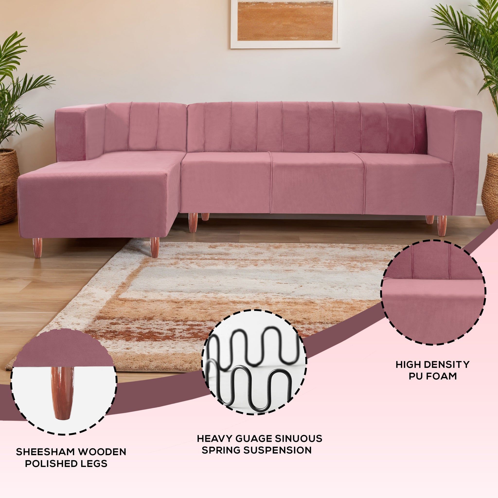 Sydney 6 Seater Sofa Left Corner- ( Polyster Holland Fabric- Peach)