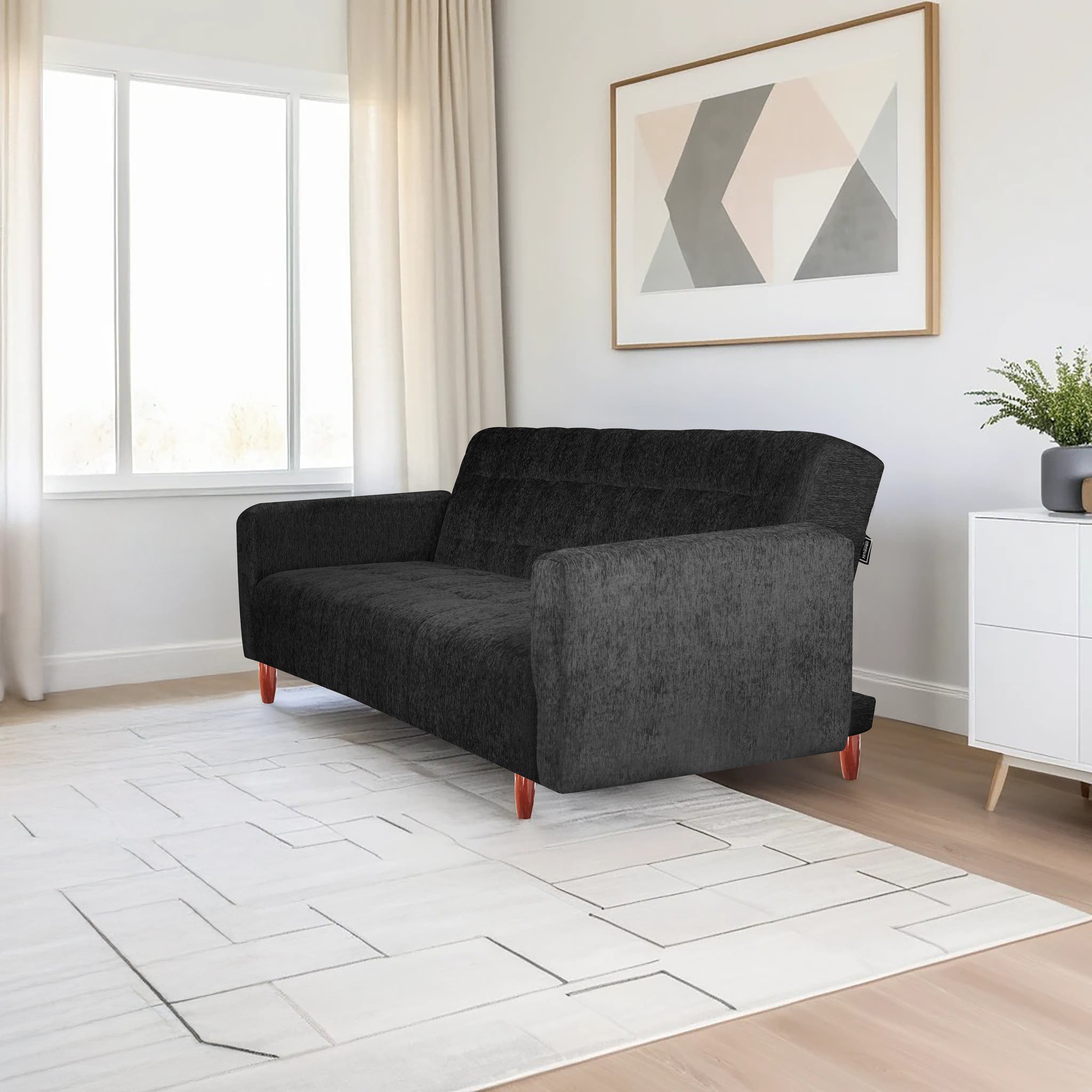 Lisbon  4 Seater Wooden Sofa Cum Bed - ( Premium Molfino Fabric - Black)