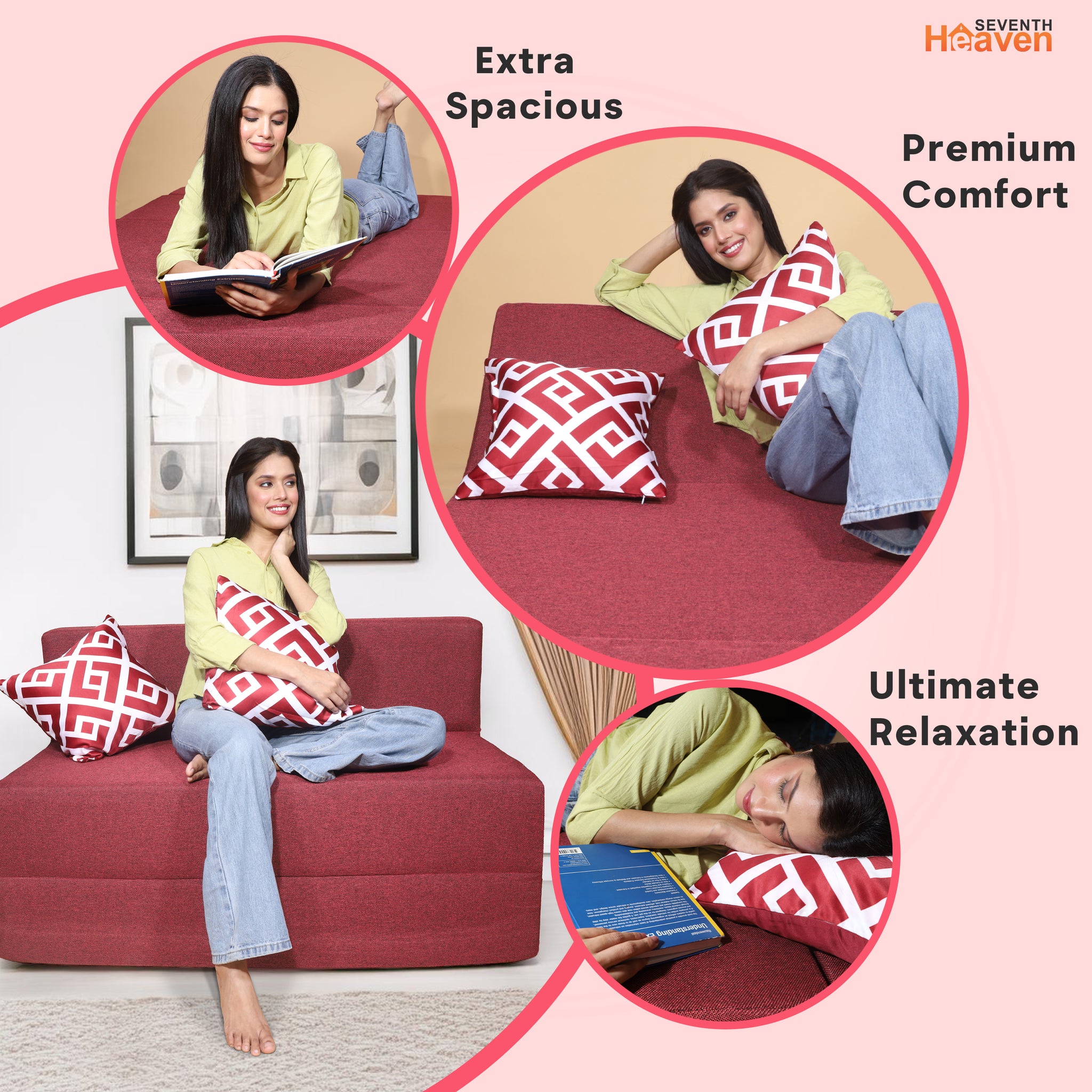 Seventh Heaven 2 Seater 6×4  Premium Jute Fabric Washable Cover Sofa cum Bed 2 Seater Double Foam Fold Out Sofa  Bed With 2 Printed Cushions (Finish Color - Maroon Delivery Condition - Pre-assembled)
