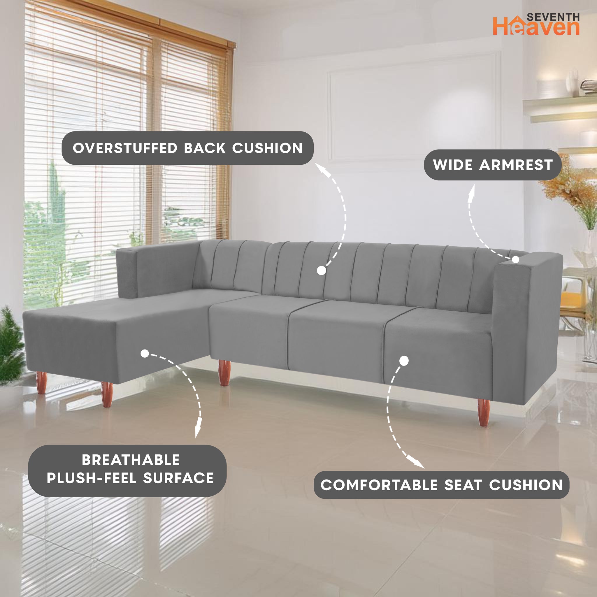 Sydney 6 Seater sofa left corner- ( Plush Suede Fabric- Grey )