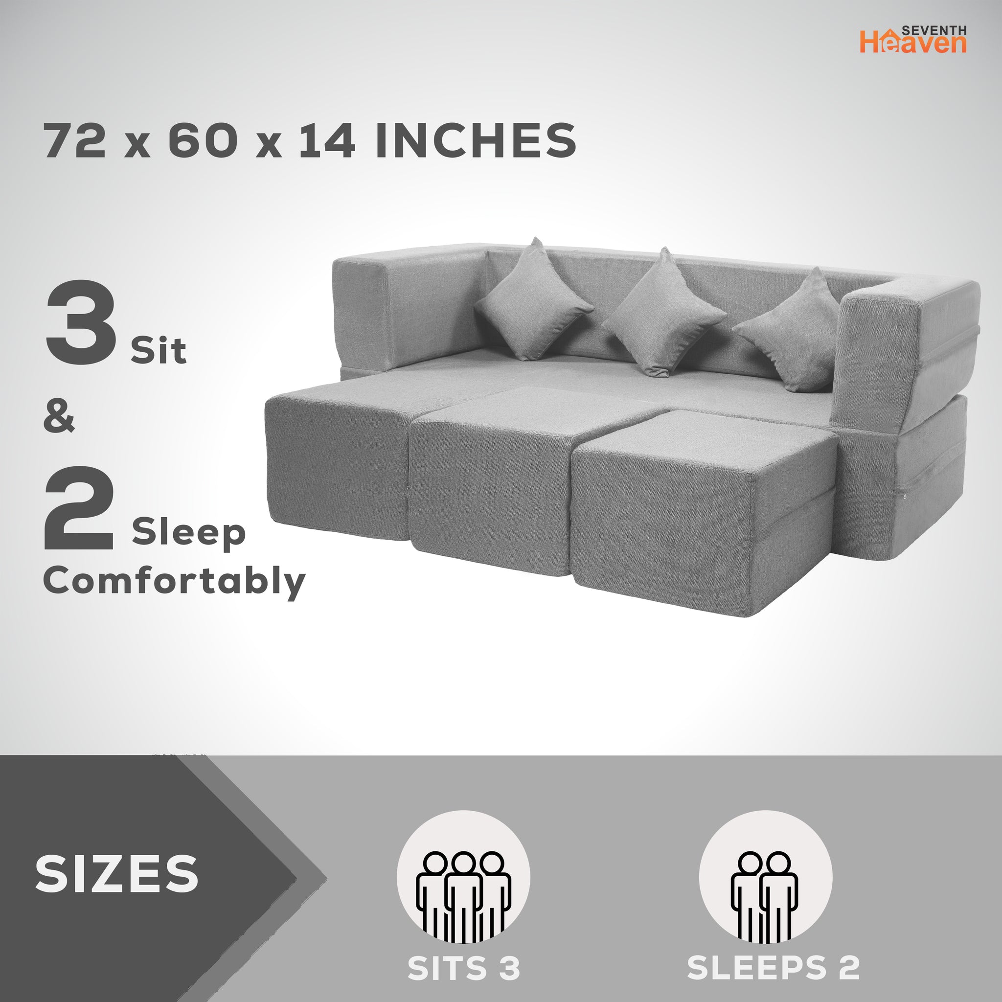 Flipper X Sofa Cum Bed - 3 Seater With 3 Ottoman - Plain Cushion (Jute Fabric, Light Grey )