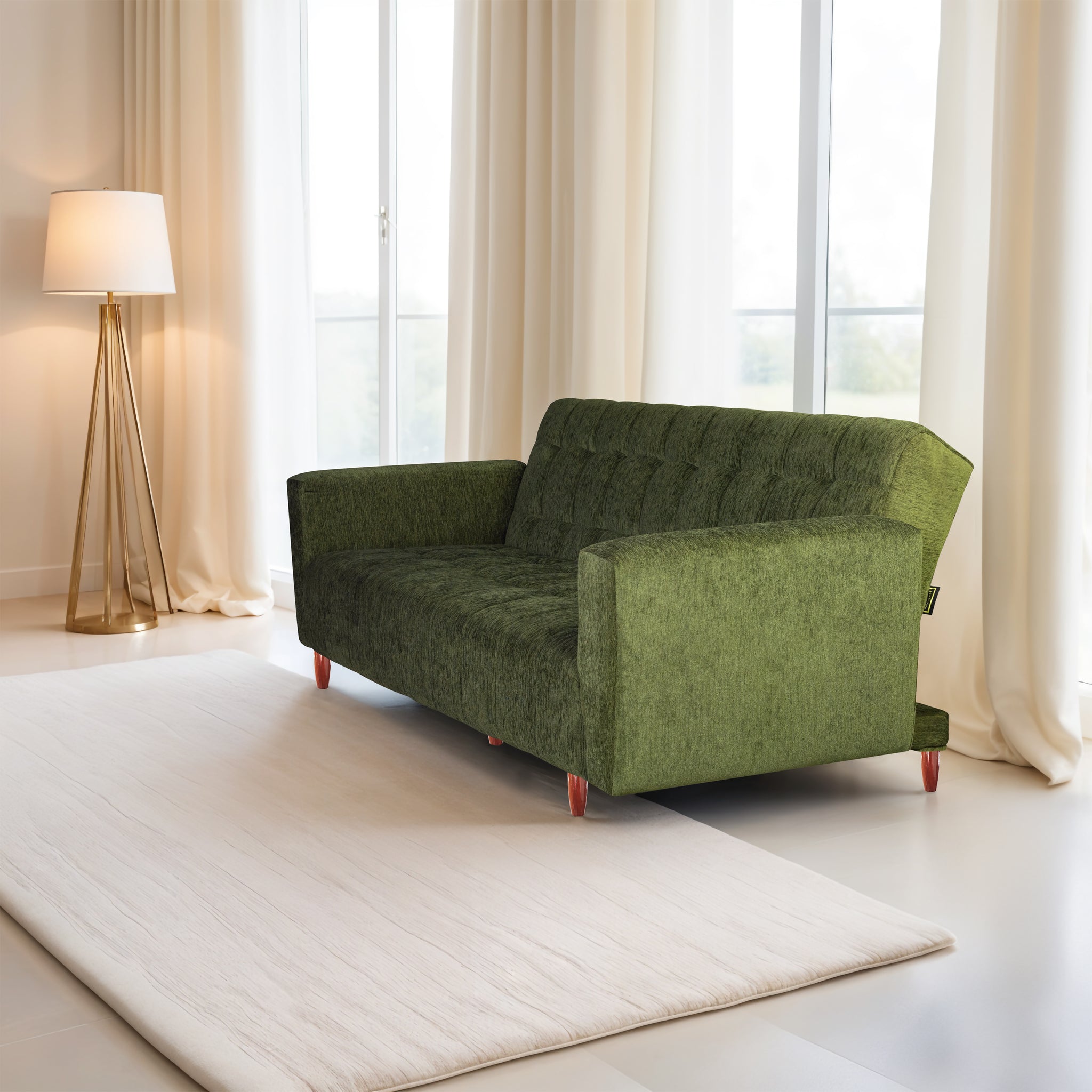 Lisbon  4 Seater Wooden Sofa Cum Bed - ( Premium Molfino Fabric-Green)