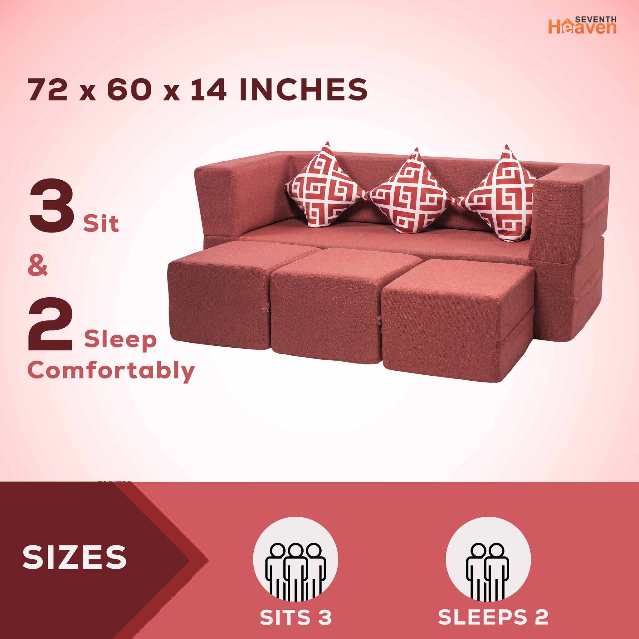 Flipper X Sofa Cum Bed - 3 Seater With 3 Ottoman - Printed Cushions ( Jute Fabric, Maroon )