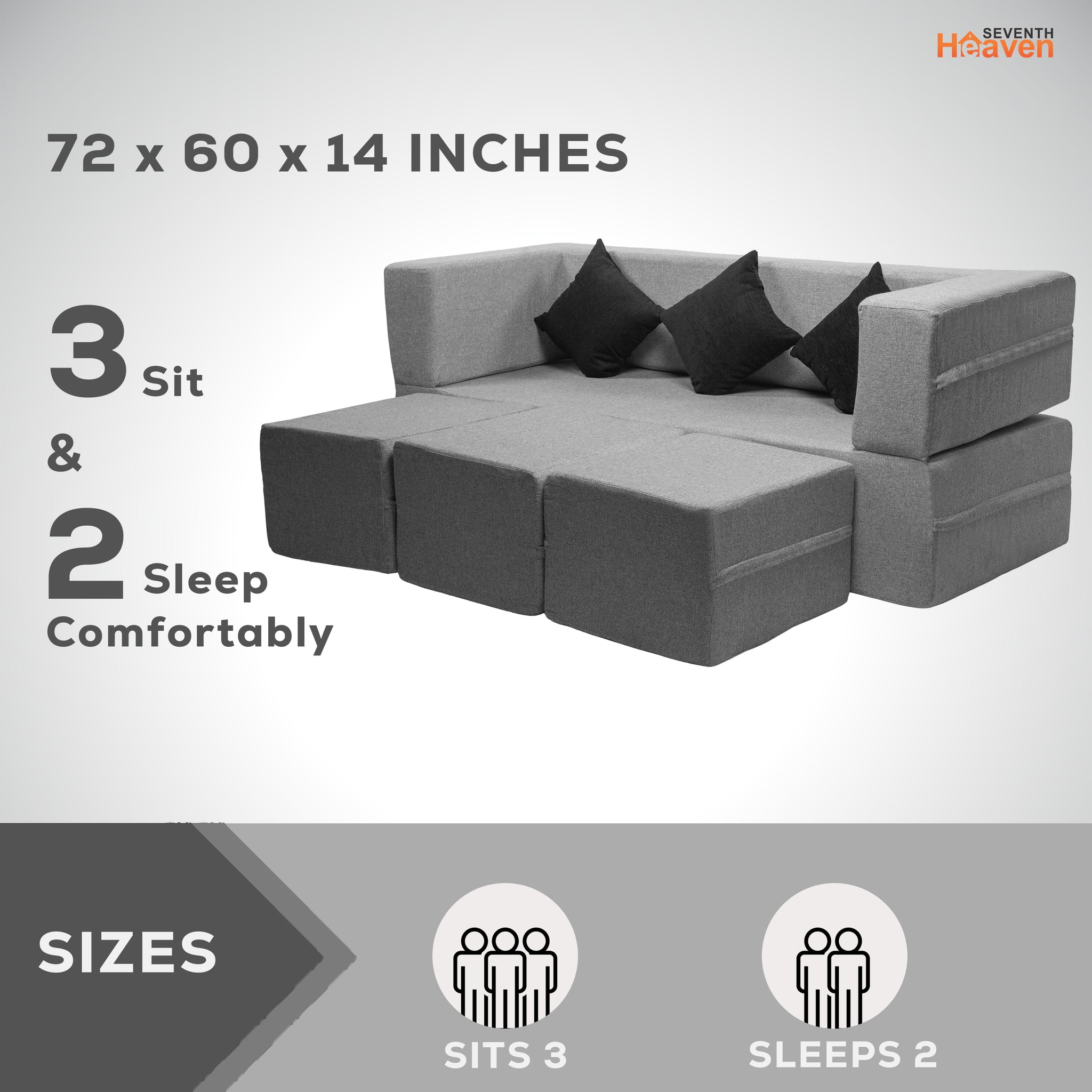 Flipper X Sofa Cum Bed - 3 Seater With 3 Ottoman - Plain Cushions ( Jute Fabric, Light Grey )