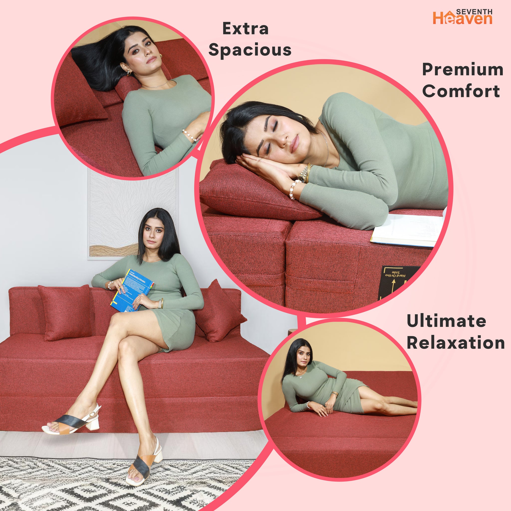 Seventh Heaven 3 Seater 6×5  Premium Jute Fabric Washable Cover Sofa cum Bed 3 Seater Double Foam Fold Out Sofa  Bed With 2 Same Cushions (Finish Color - Maroon Delivery Condition - Pre-assembled)