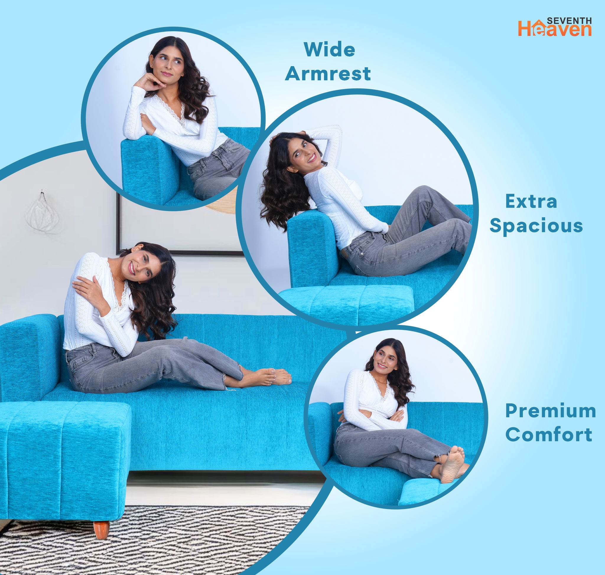 Tokyo 4 Seater Sofa with Ottoman- ( Premium Molfino Fabric- Sky Blue )