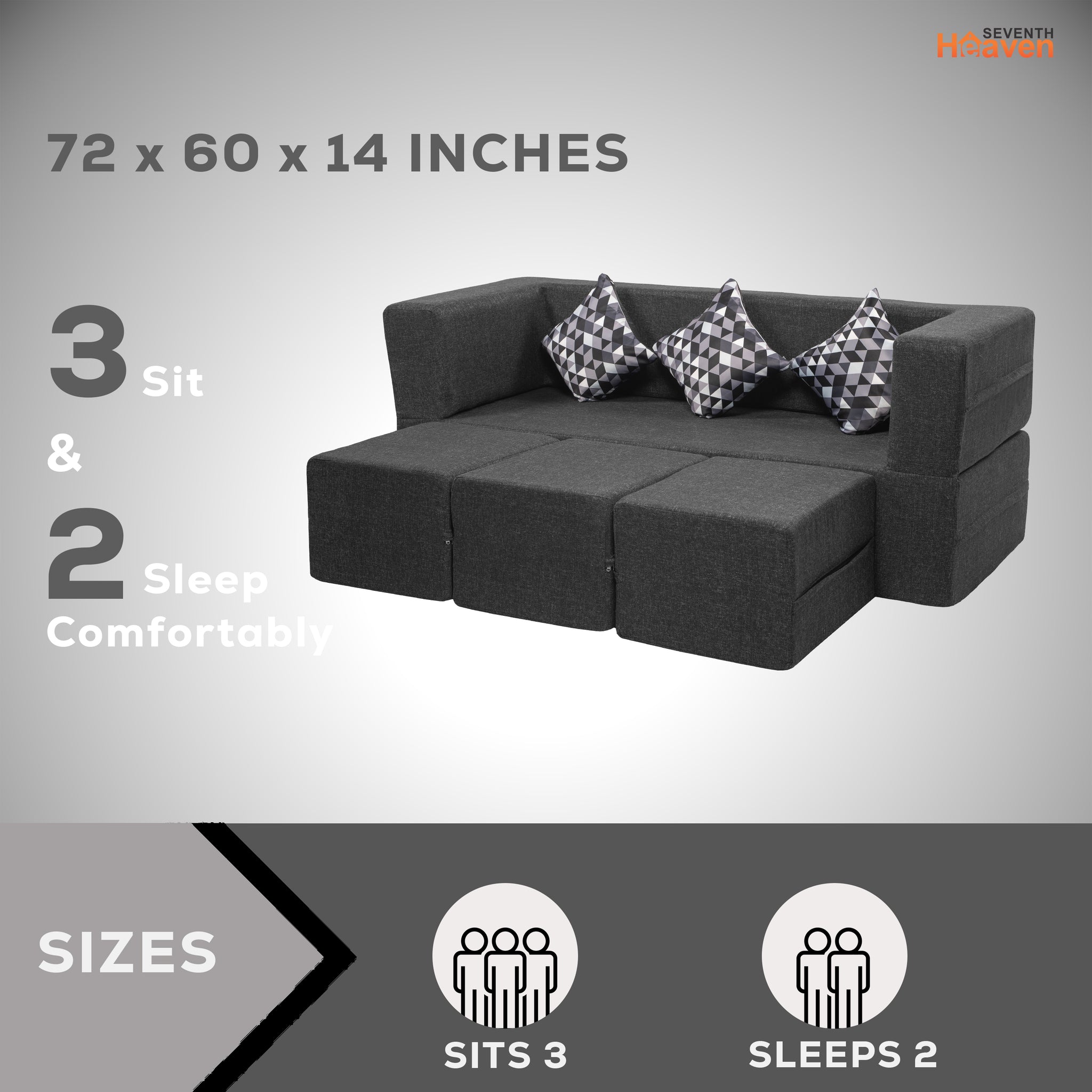 Flipper X Sofa Cum Bed - 3 Seater With 3 Ottoman - Printed Cushions ( Jute Fabric, Dark Grey )