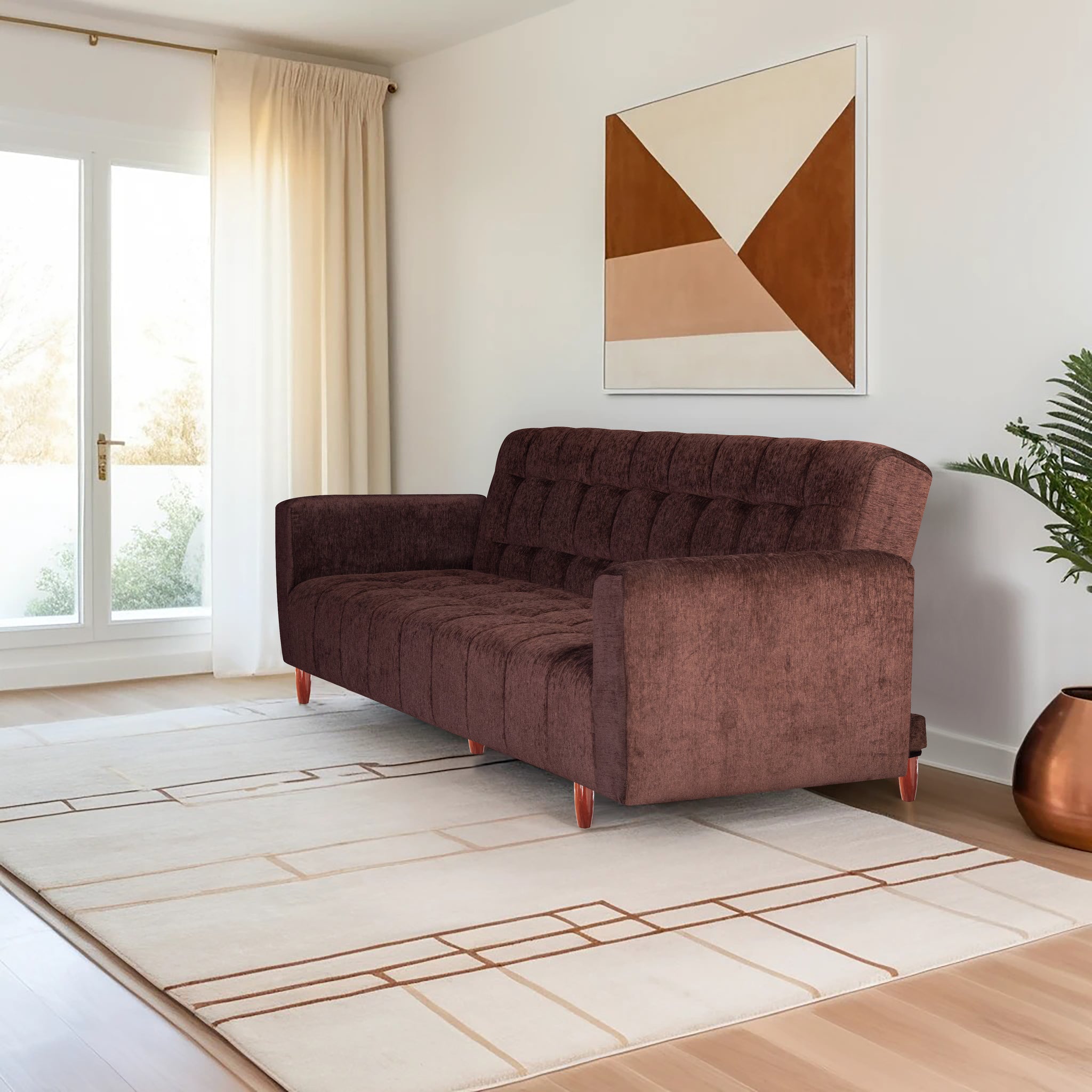 Lisbon  4 Seater Wooden Sofa Cum Bed - ( Premium Molfino Fabric- Brown)