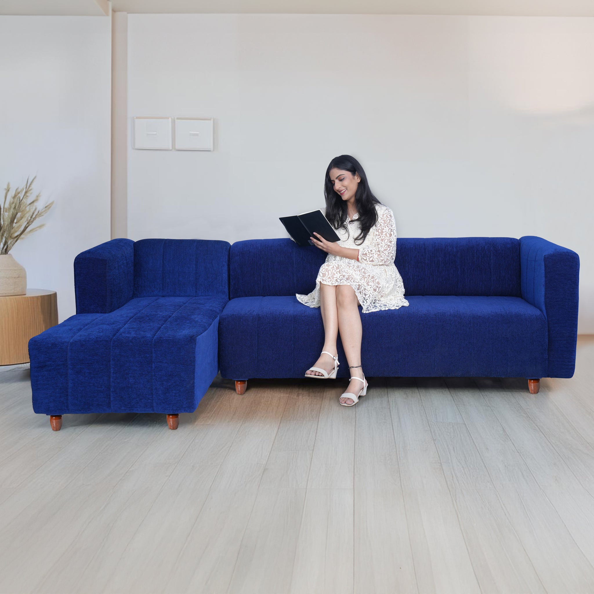 Tokyo 6 Seater Sofa Left Corner- ( Premium Molfino Fabric- Blue )