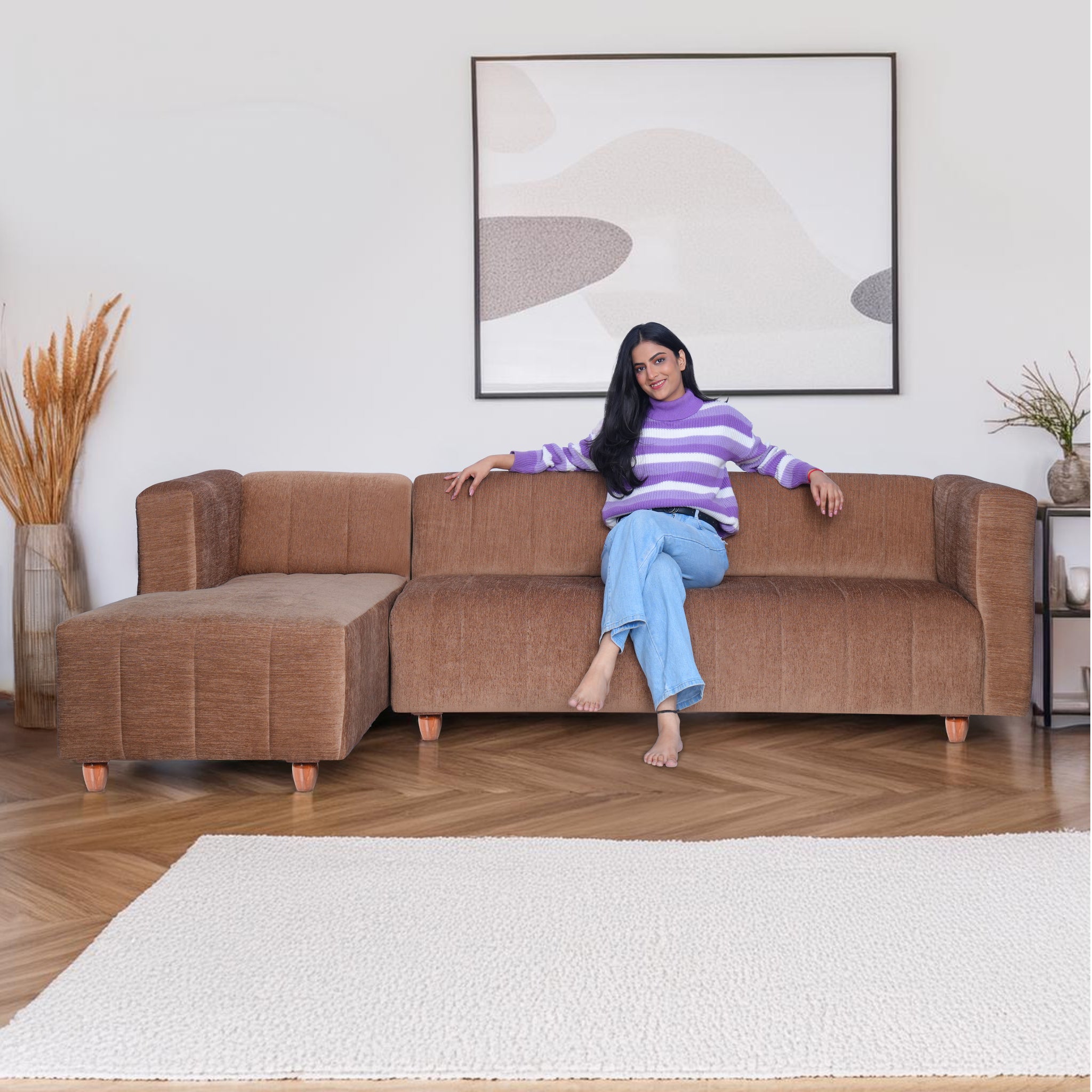 Tokyo 6 Seater Sofa Left Corner- ( Premium Molfino Fabric- Beige )