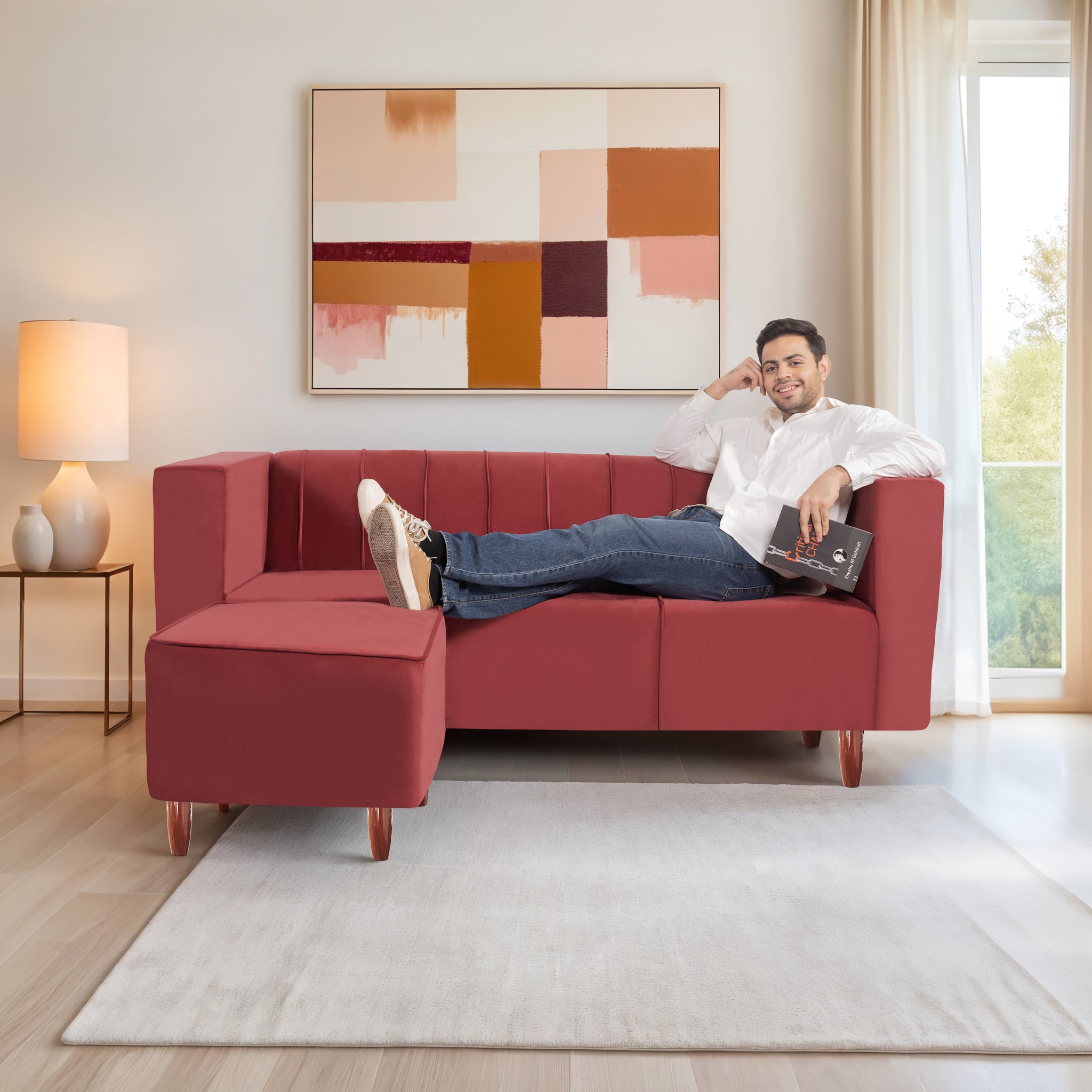 Sydney 4 Seater Sofa with Ottoman- ( Premium Holland Fabric- Maroon )