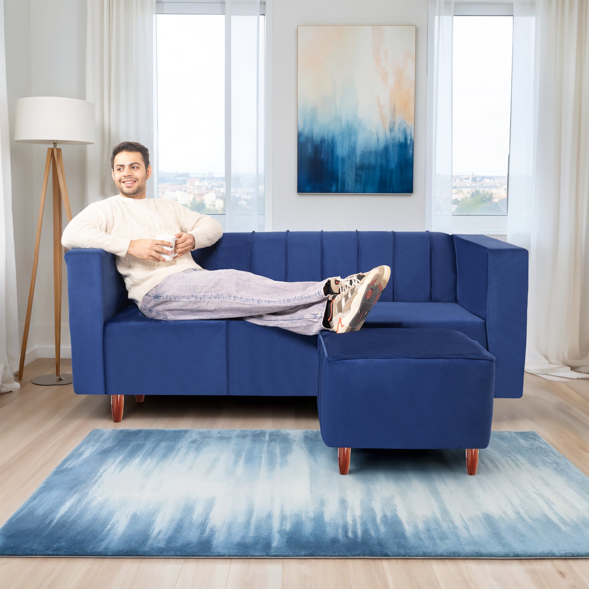 Sydney 4 Seater Sofa with Ottoman- ( Premium Holland Fabric- Blue )