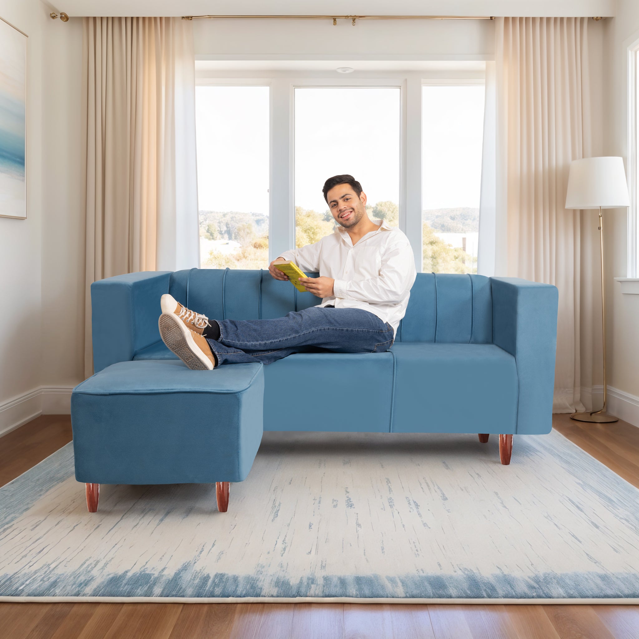 Sydney 4 Seater Sofa with Ottoman- ( Premium Holland Fabric- Sky Blue )