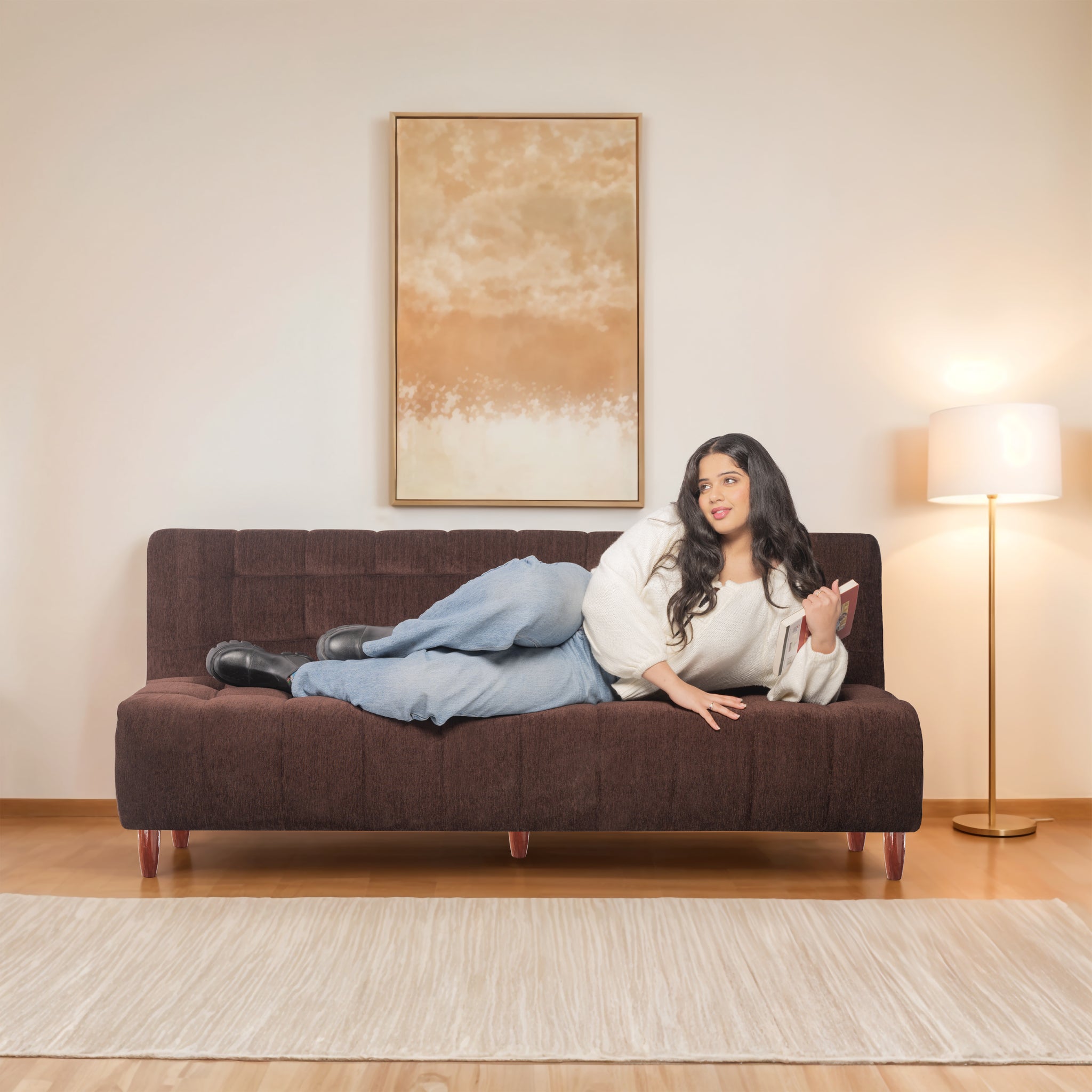 Florida Neo 4 Seater Wooden Sofa Cum Bed - ( Premium Molfino Fabric- Brown )