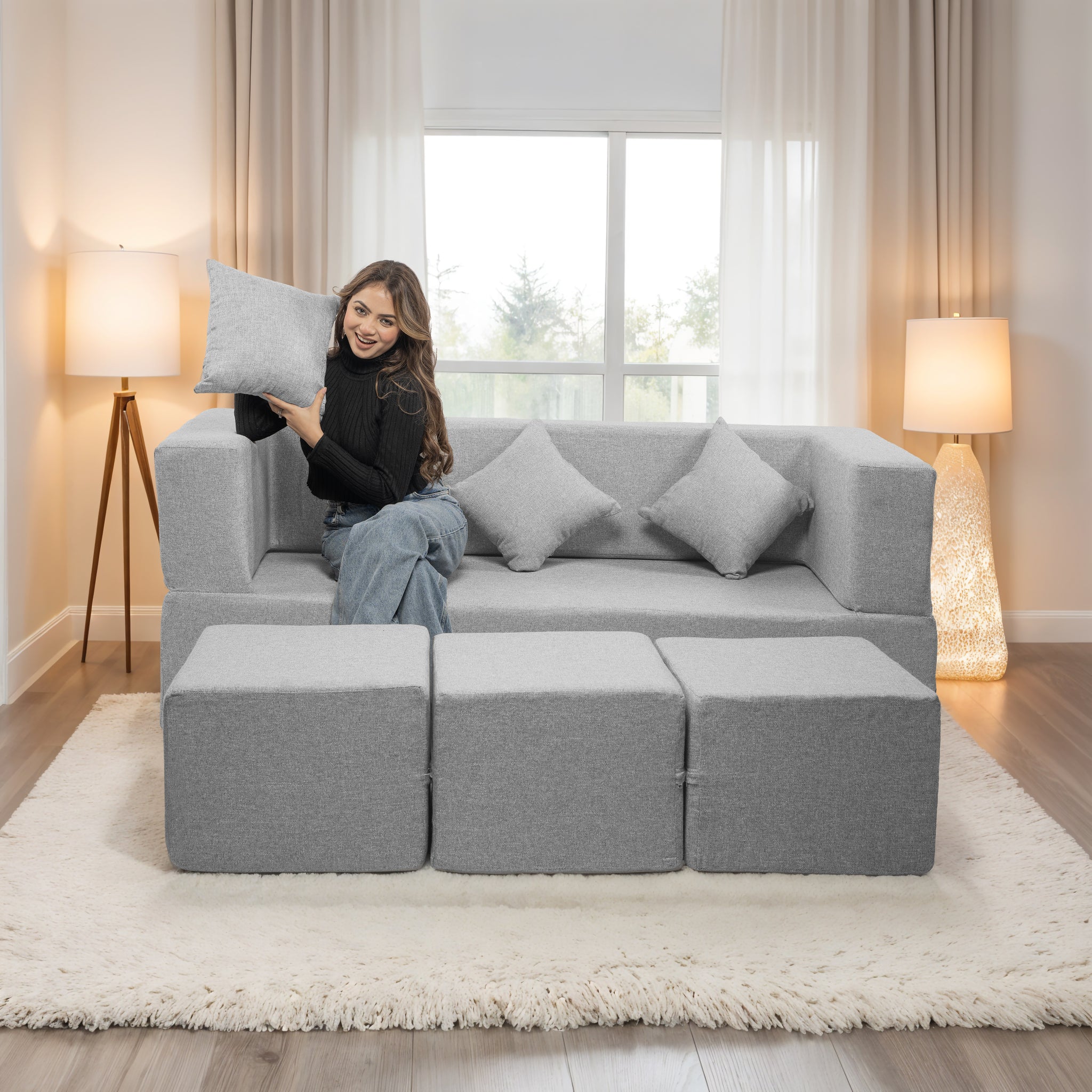 Flipper X Sofa Cum Bed - 3 Seater With 3 Ottoman - Plain Cushion (Jute Fabric, Light Grey )