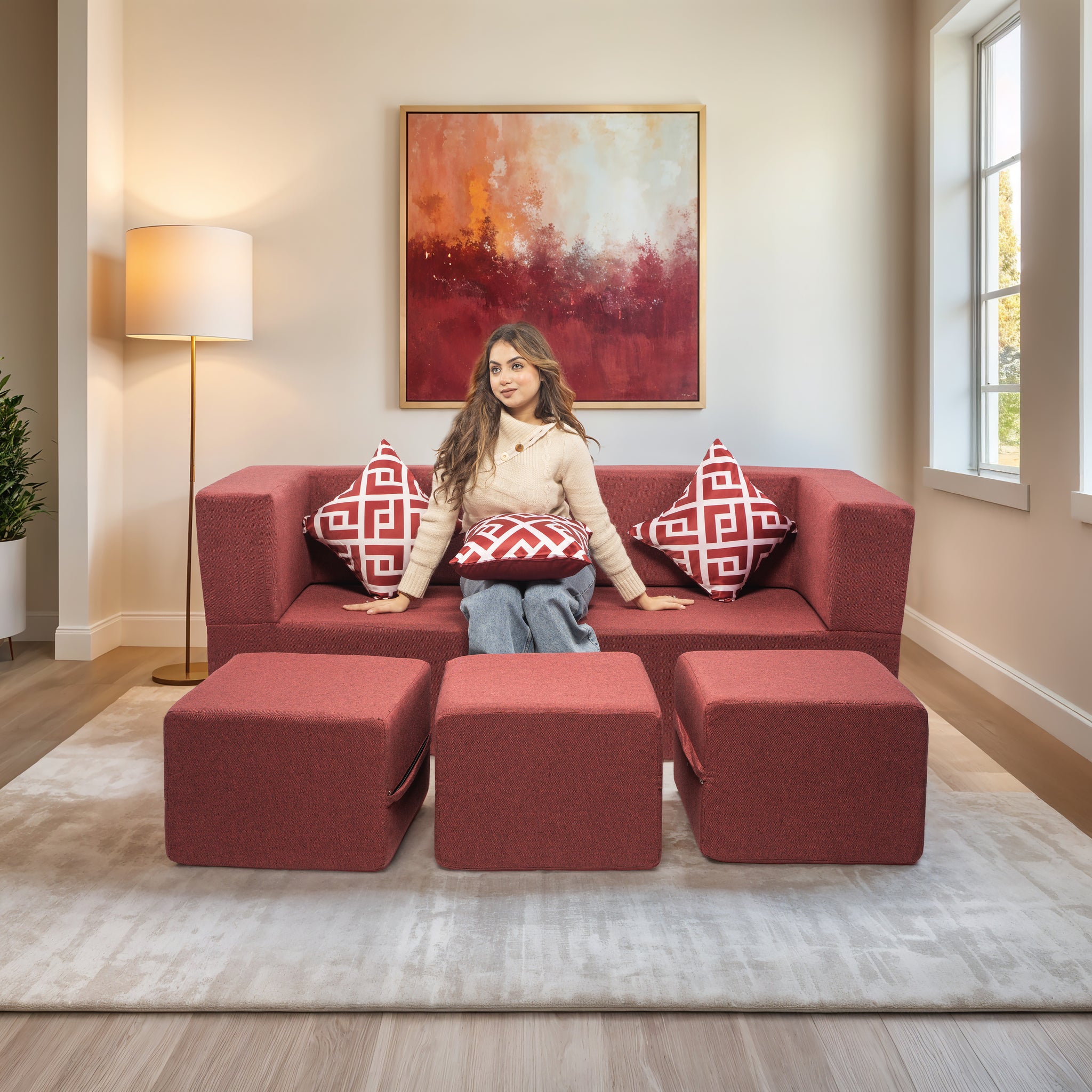 Flipper X Sofa Cum Bed - 3 Seater With 3 Ottoman - Printed Cushions ( Jute Fabric, Maroon )