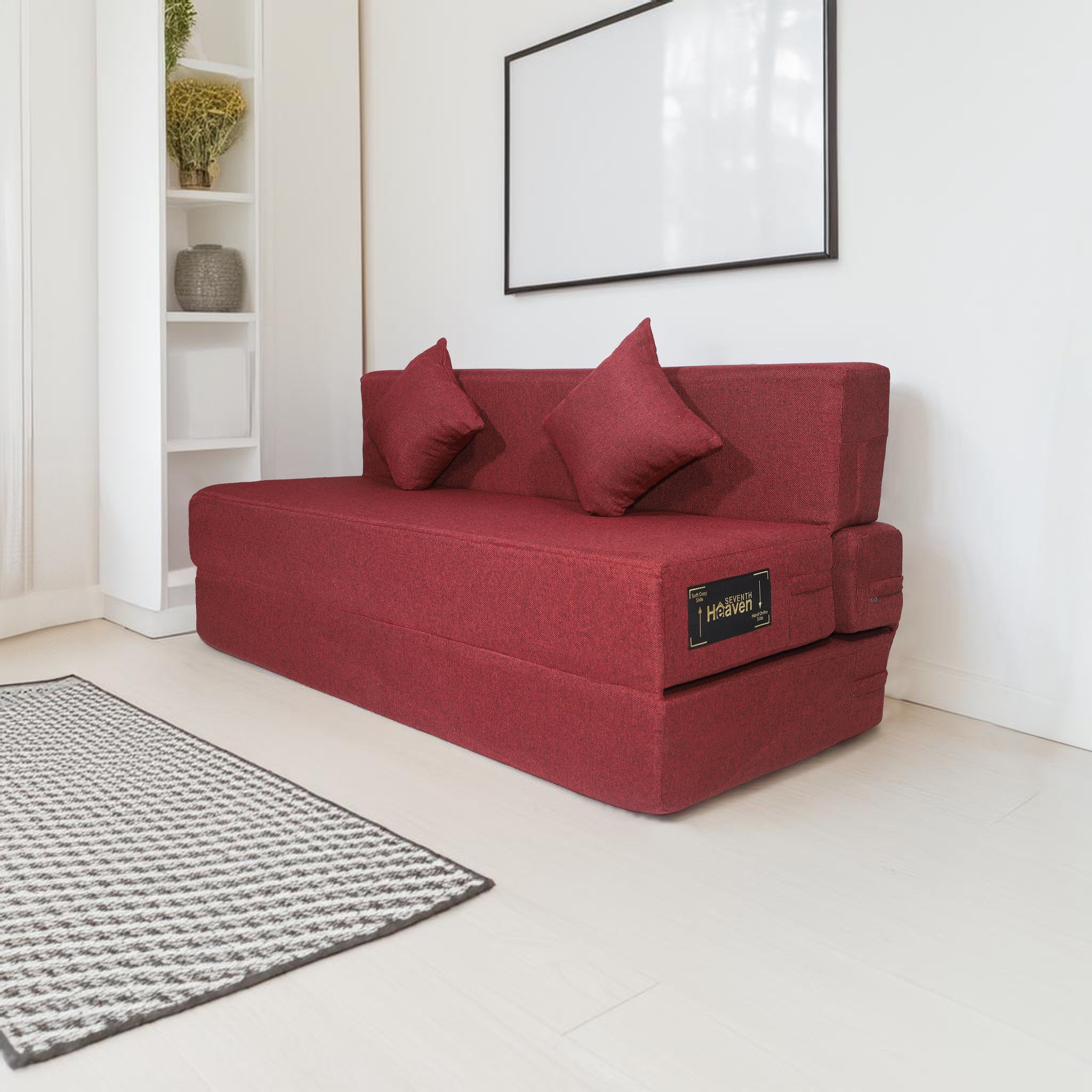 Seventh Heaven 3 Seater 6×5  Premium Jute Fabric Washable Cover Sofa cum Bed 3 Seater Double Foam Fold Out Sofa  Bed With 2 Same Cushions (Finish Color - Maroon Delivery Condition - Pre-assembled)