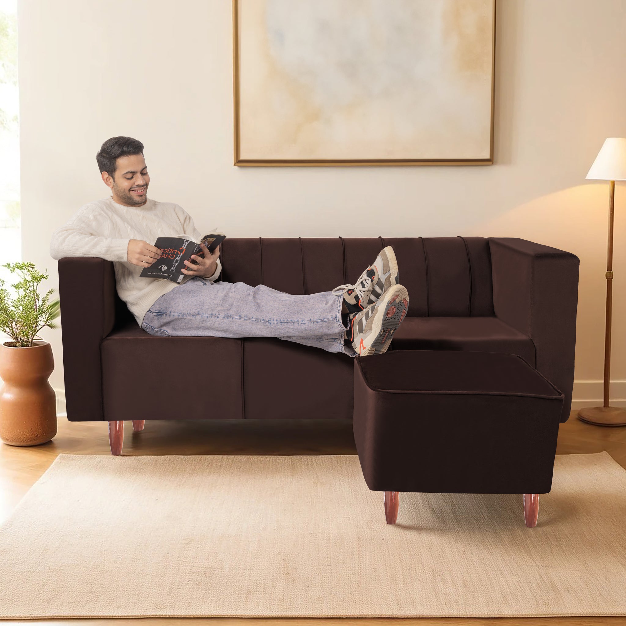 Sydney 4 Seater Sofa with Ottoman- ( Premium Holland Fabric- Brown )