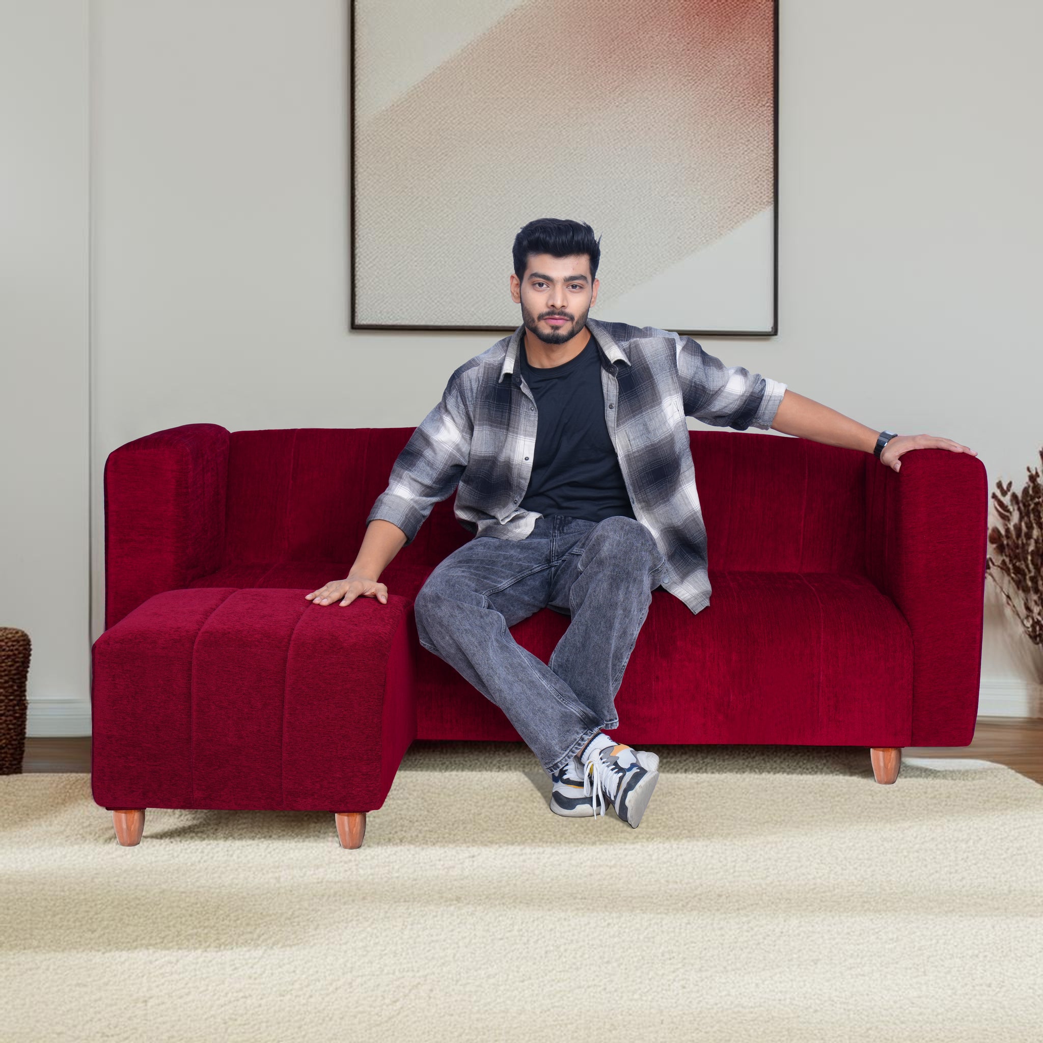 Tokyo 4 Seater Sofa with Ottoman- ( Premium Molfino Fabric- Maroon )