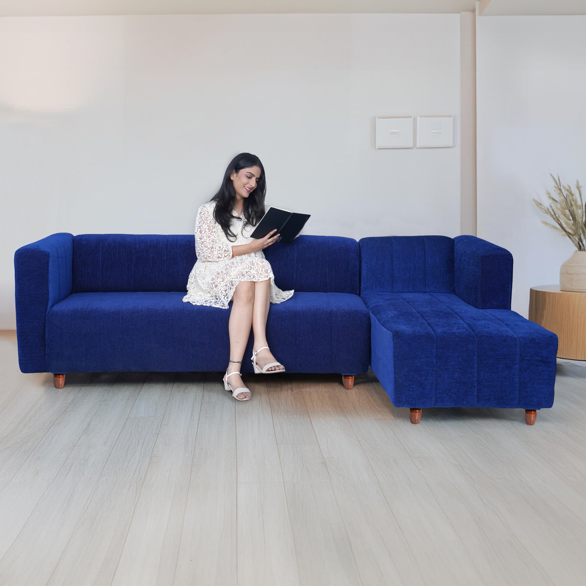Tokyo 6 Seater Sofa Right Corner- ( Premium Molfino Fabric- Blue )