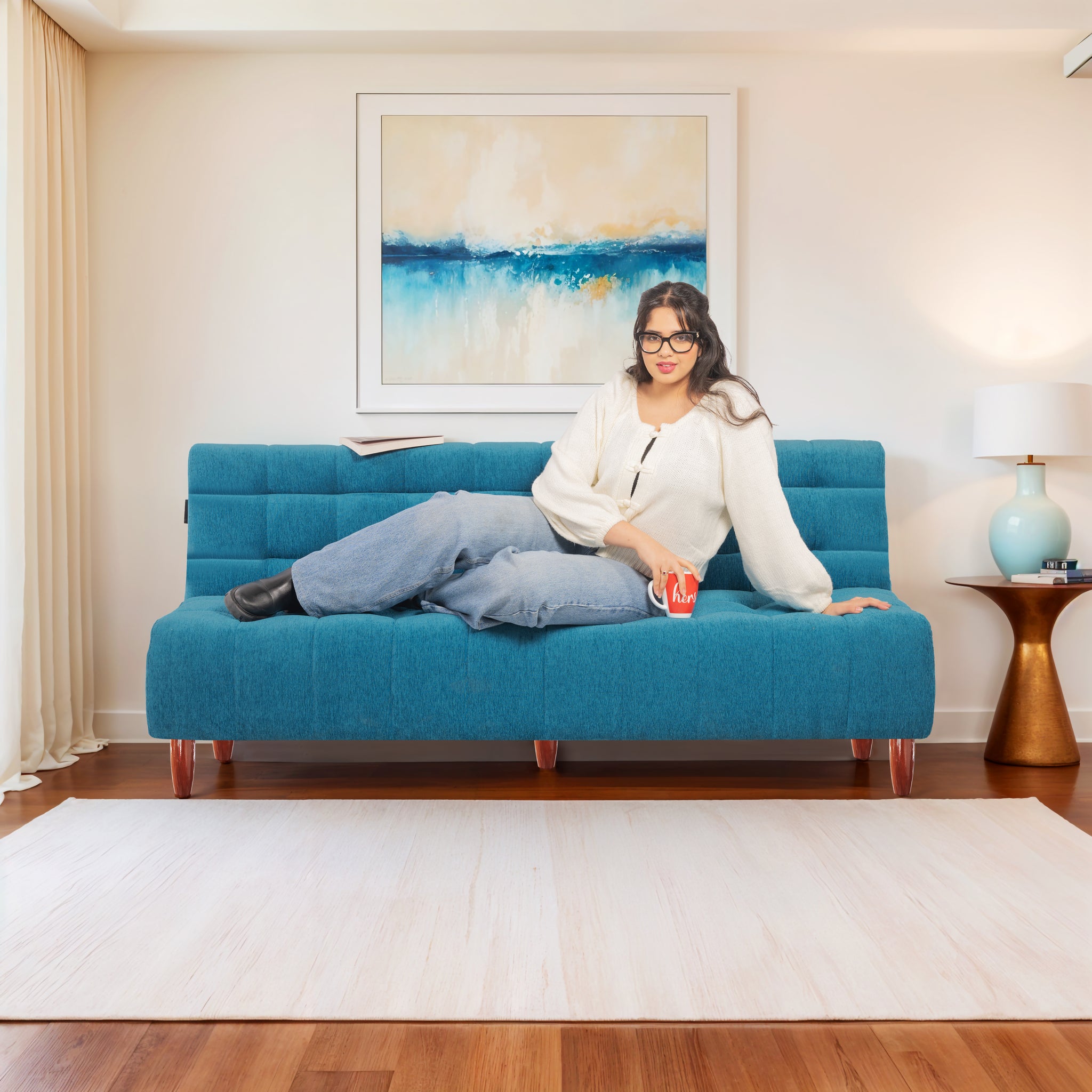 Florida Neo 3 Seater Wooden Sofa Cum Bed - ( Premium Molfino Fabric- Sky Blue )