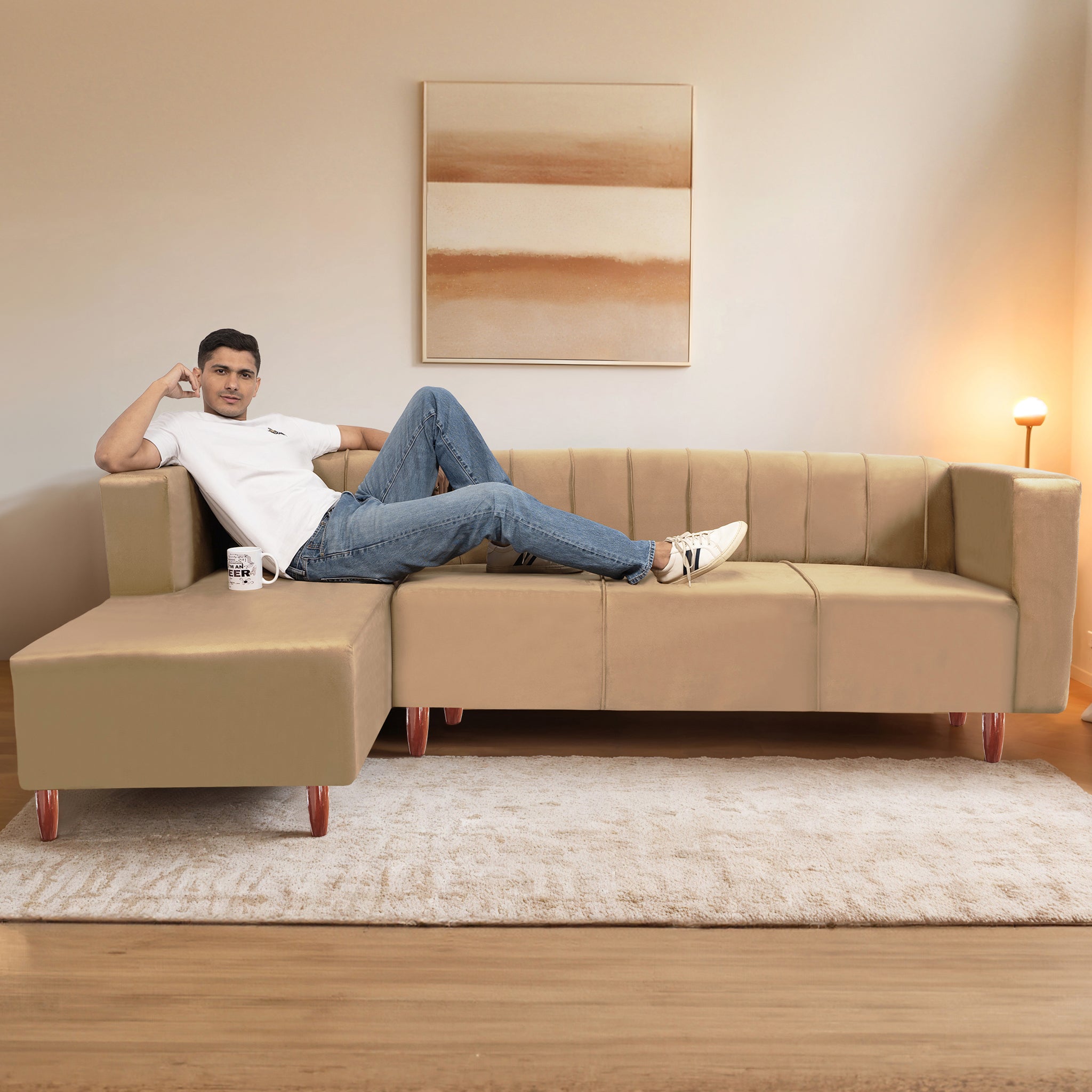 Sydney 6 Seater Sofa left corner- ( Plush Suede Fabric- Beige)