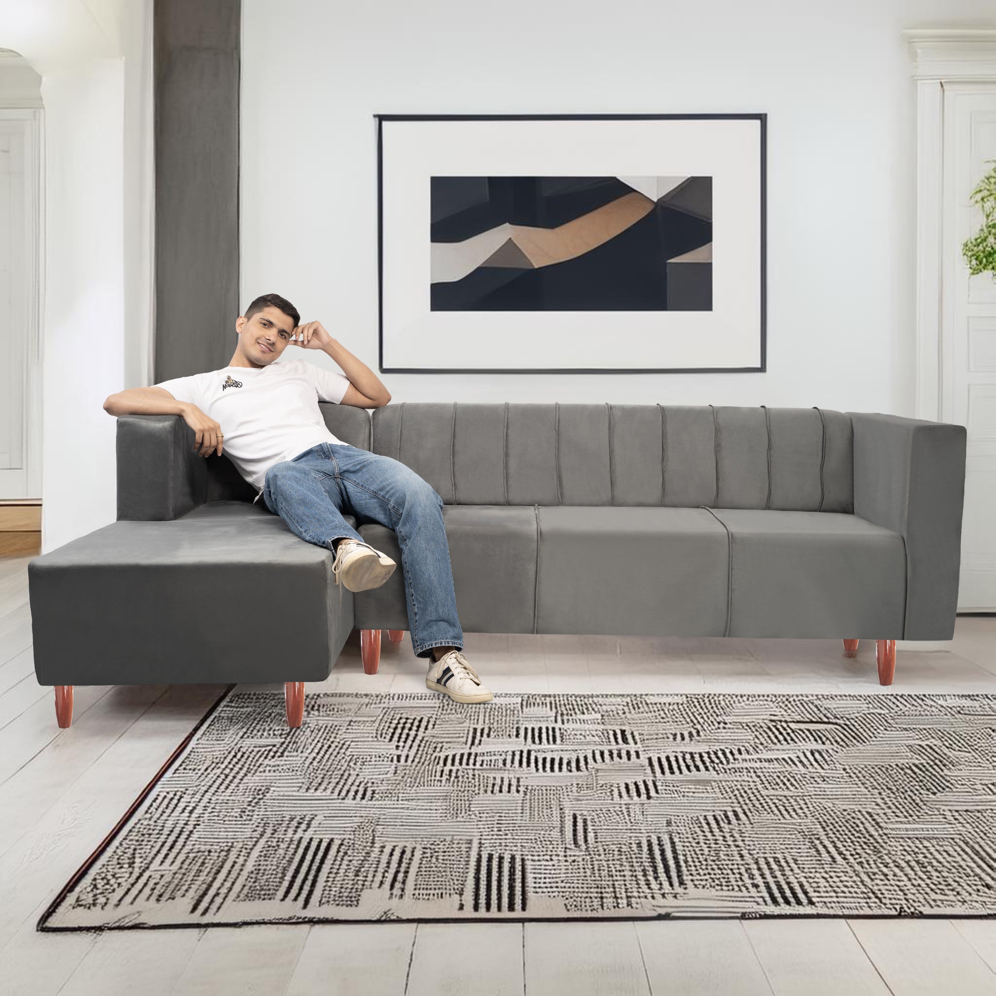Sydney 6 Seater Sofa Left Corner- ( Polyster Holland Fabric- Grey)