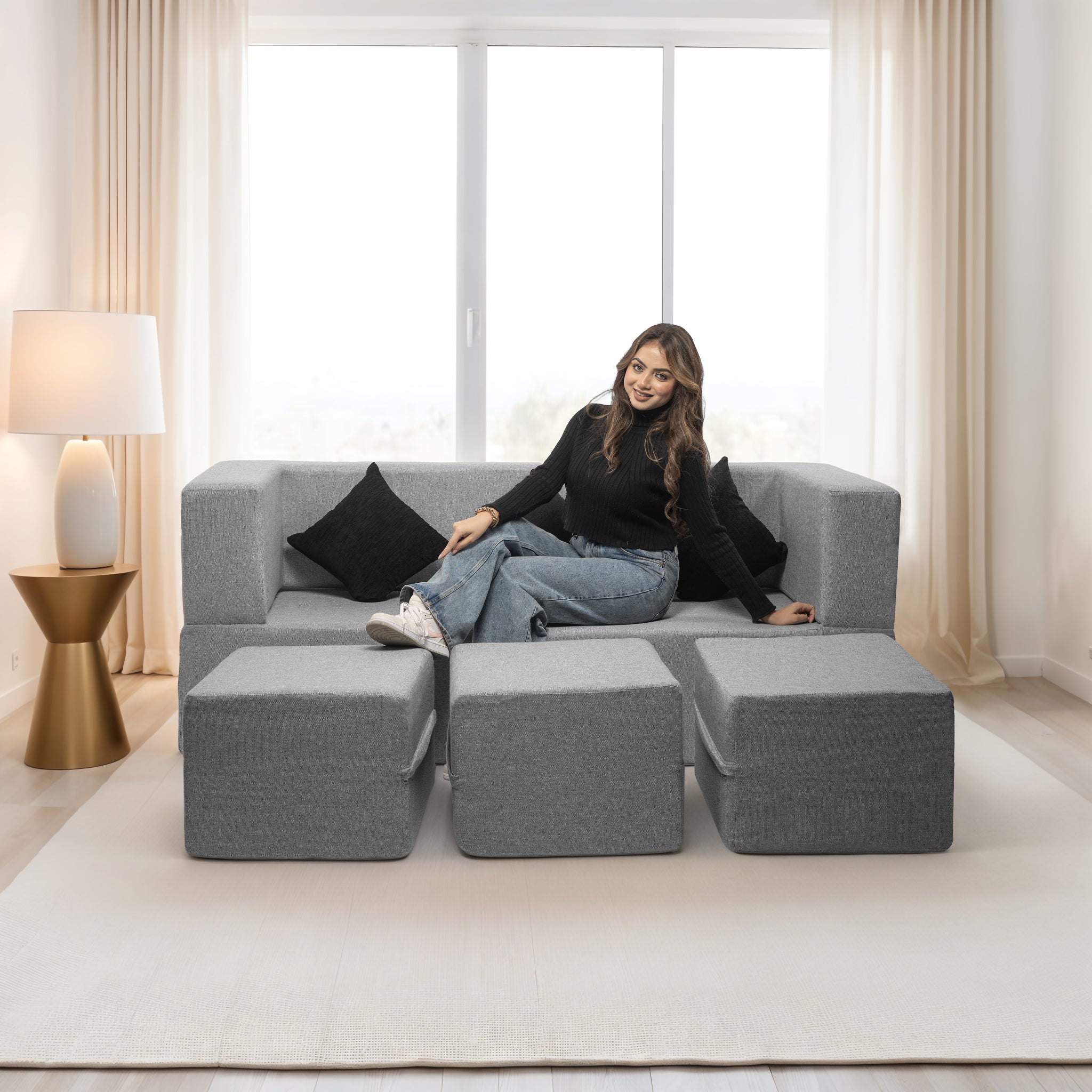 Flipper X Sofa Cum Bed - 3 Seater With 3 Ottoman - Plain Cushions ( Jute Fabric, Light Grey )